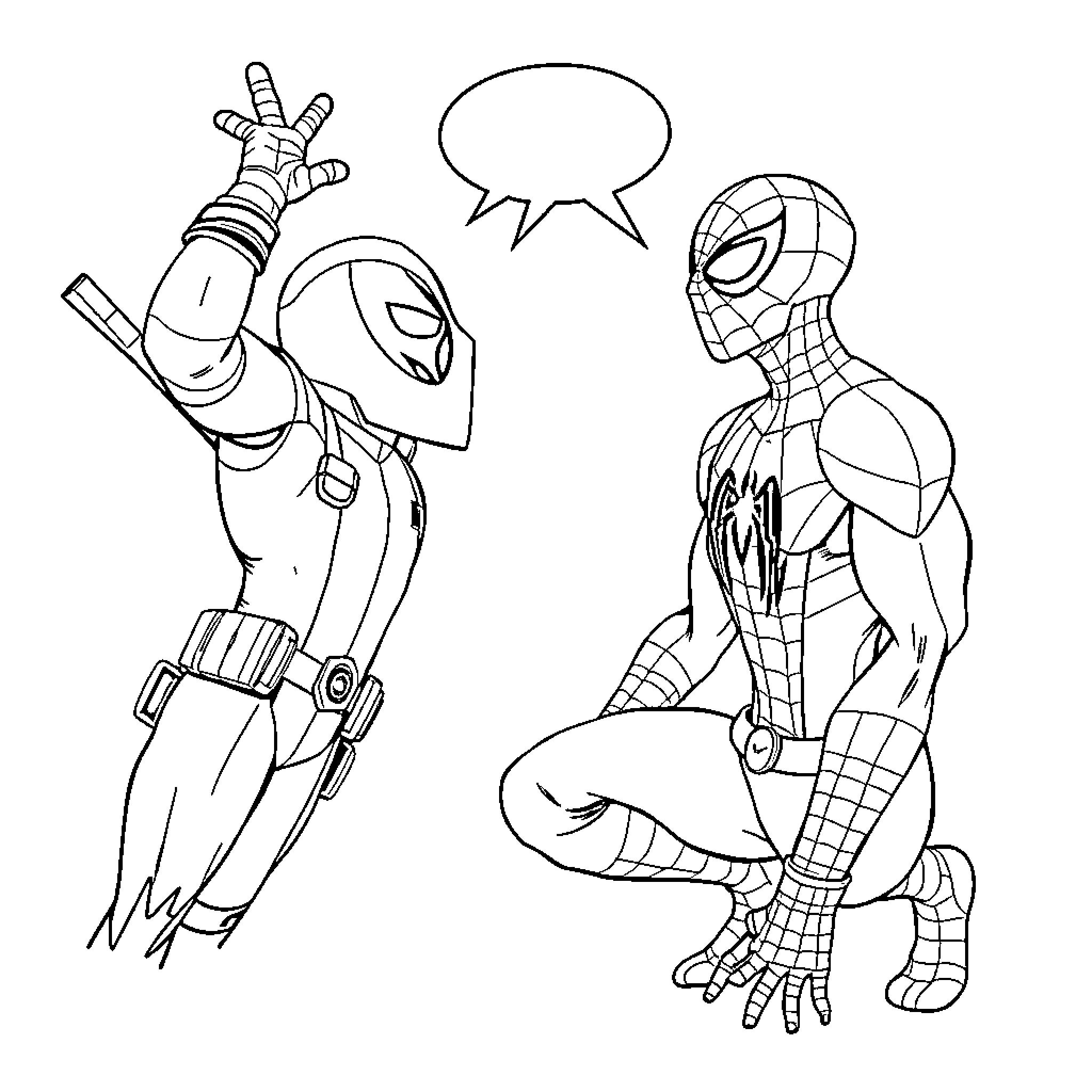Deadpool and Spider-Man in Conversation Coloring Page (free black-and-white line drawing printable PDF for all, from beginners to advanced learners, including children, teens, adults, and seniors)