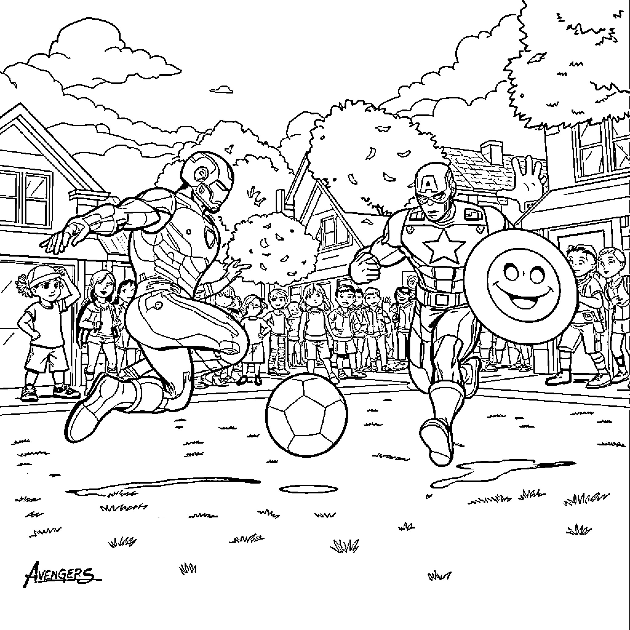 Avengers playing sports and interacting with crowd Coloring Page (free black-and-white line drawing printable PDF for all, from beginners to advanced learners, including children, teens, adults, and seniors)