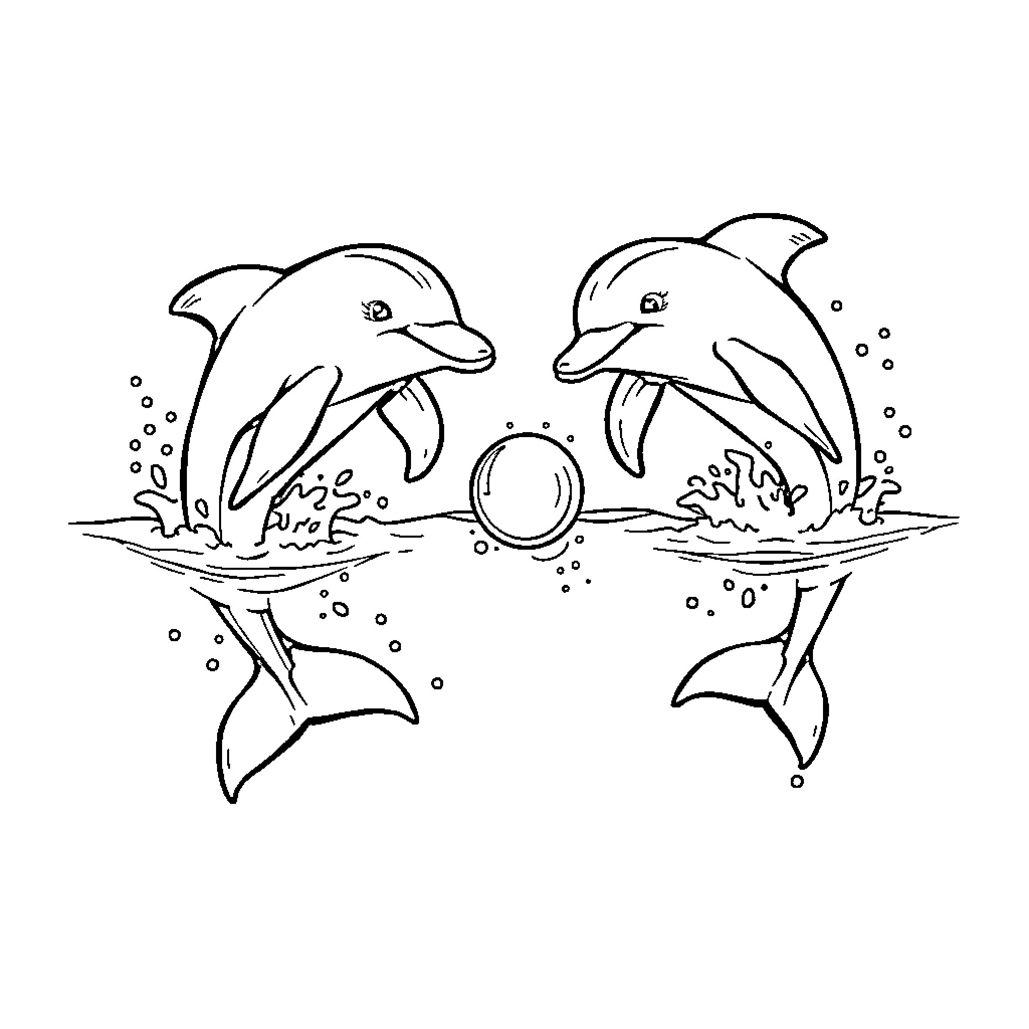 Dolphin friends playing in the sea Coloring Page (free black-and-white line drawing printable PDF for all, from beginners to advanced learners, including children, teens, adults, and seniors)