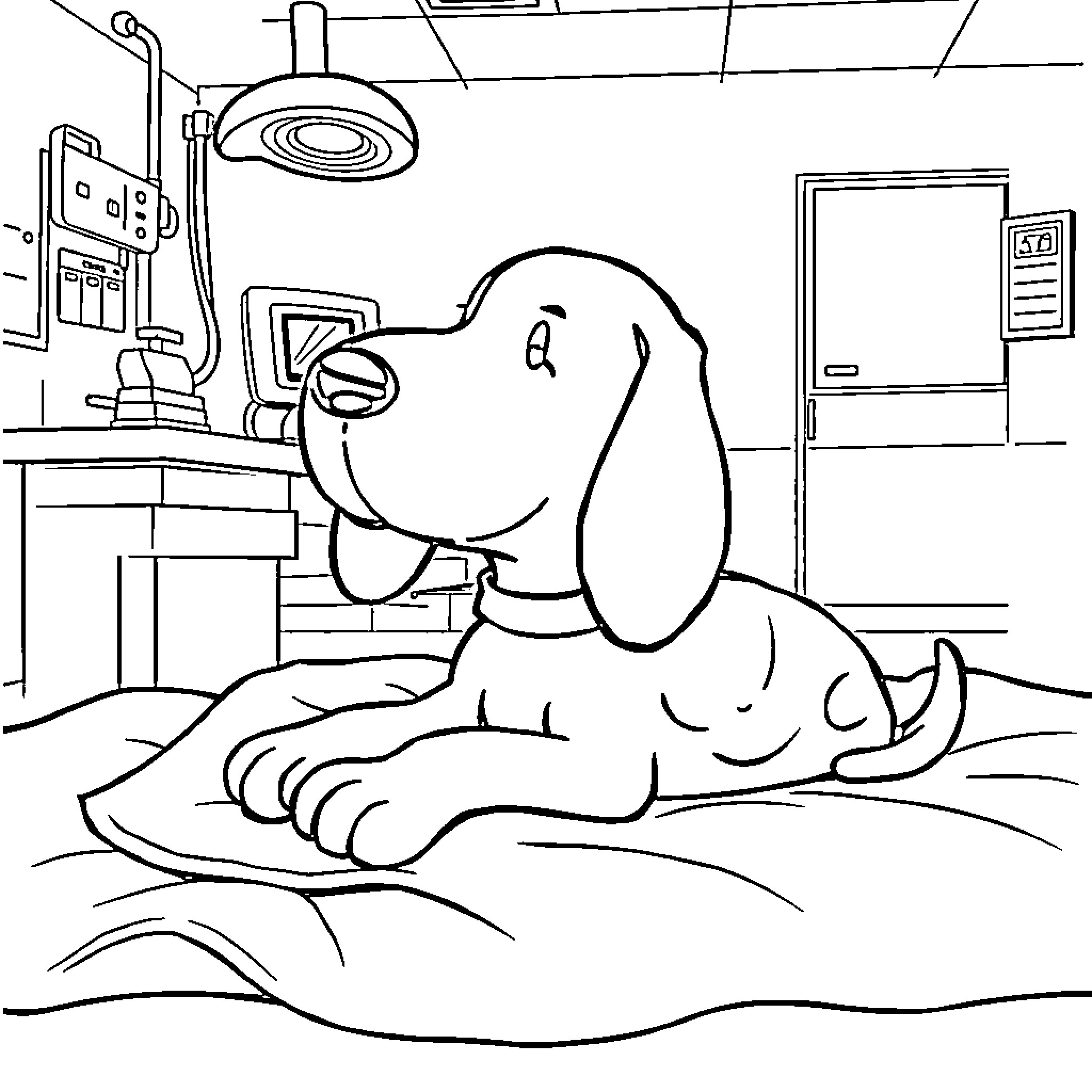 Snoopy resting in a medical setting Coloring Page (free black-and-white line drawing printable PDF for all, from beginners to advanced learners, including children, teens, adults, and seniors)