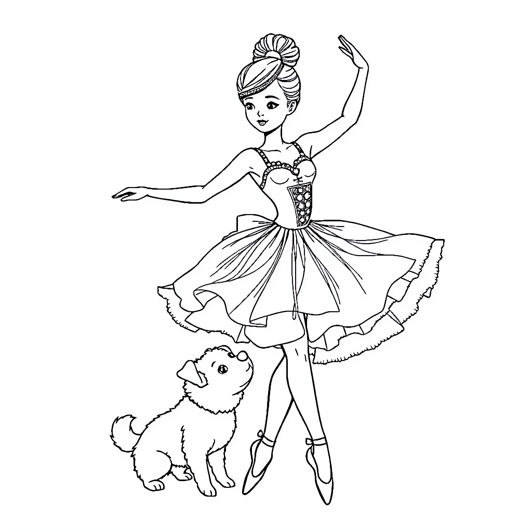 Ballerina performing graceful dance with her pet Coloring Page (free black-and-white line drawing printable PDF for all, from beginners to advanced learners, including children, teens, adults, and seniors)