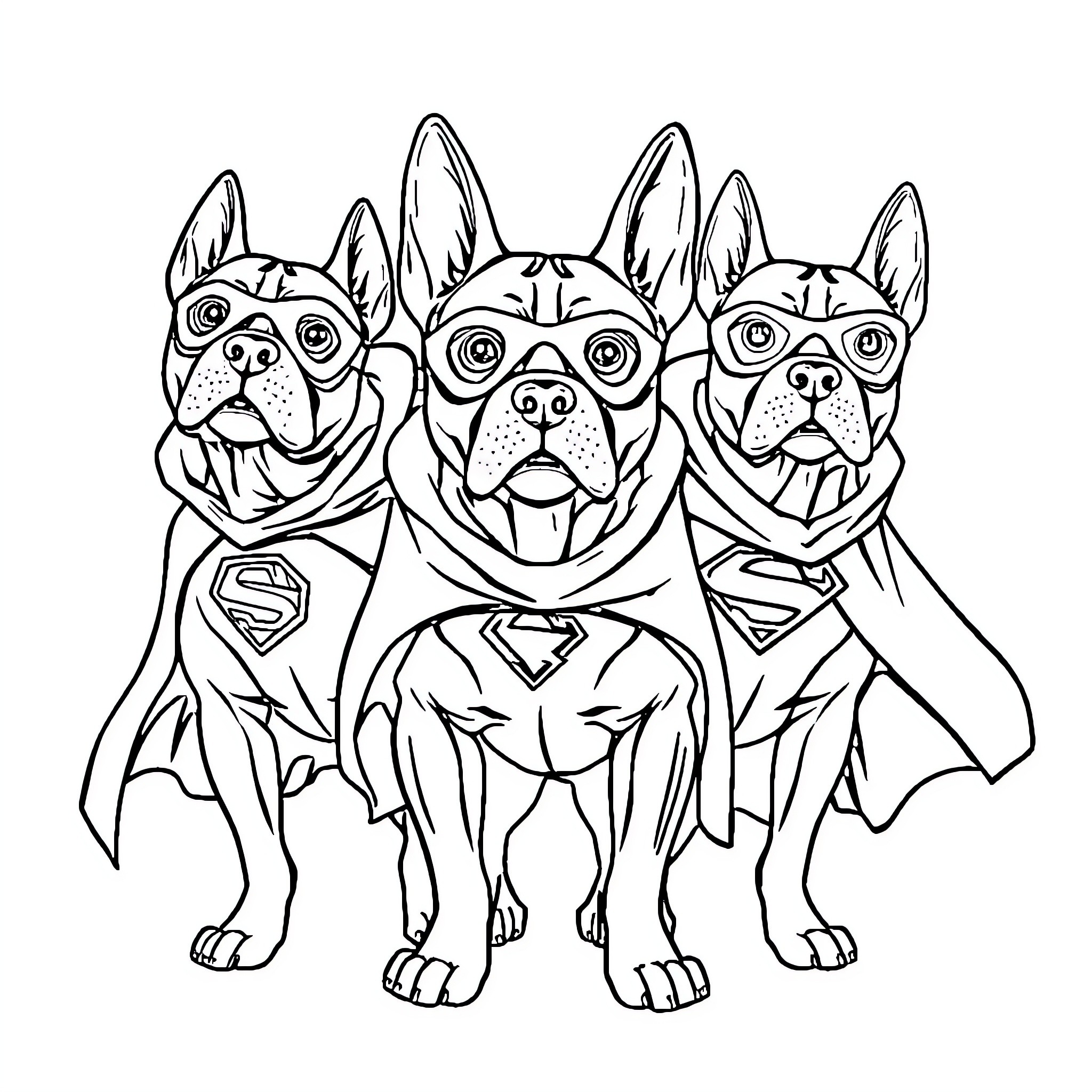 Pitbull superheroes in action-packed poses Coloring Page (free black-and-white line drawing printable PDF for all, from beginners to advanced learners, including children, teens, adults, and seniors)