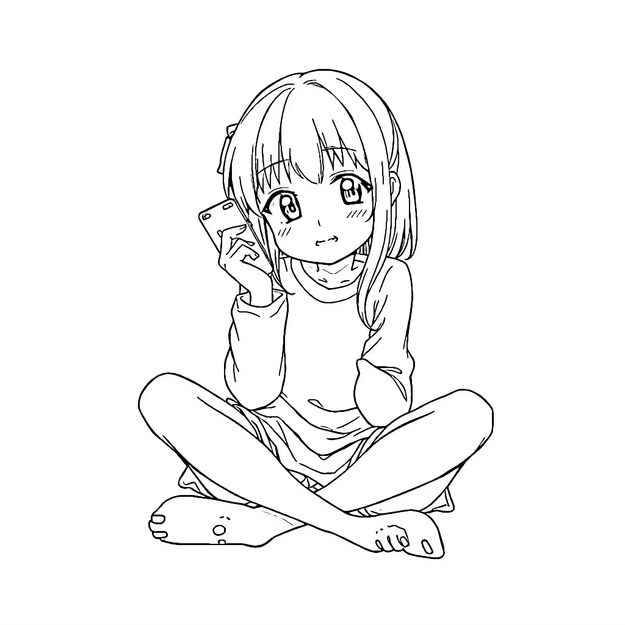 Kuromi using a smartphone with a thoughtful expression Coloring Page (free black-and-white line drawing printable PDF for all, from beginners to advanced learners, including children, teens, adults, and seniors)