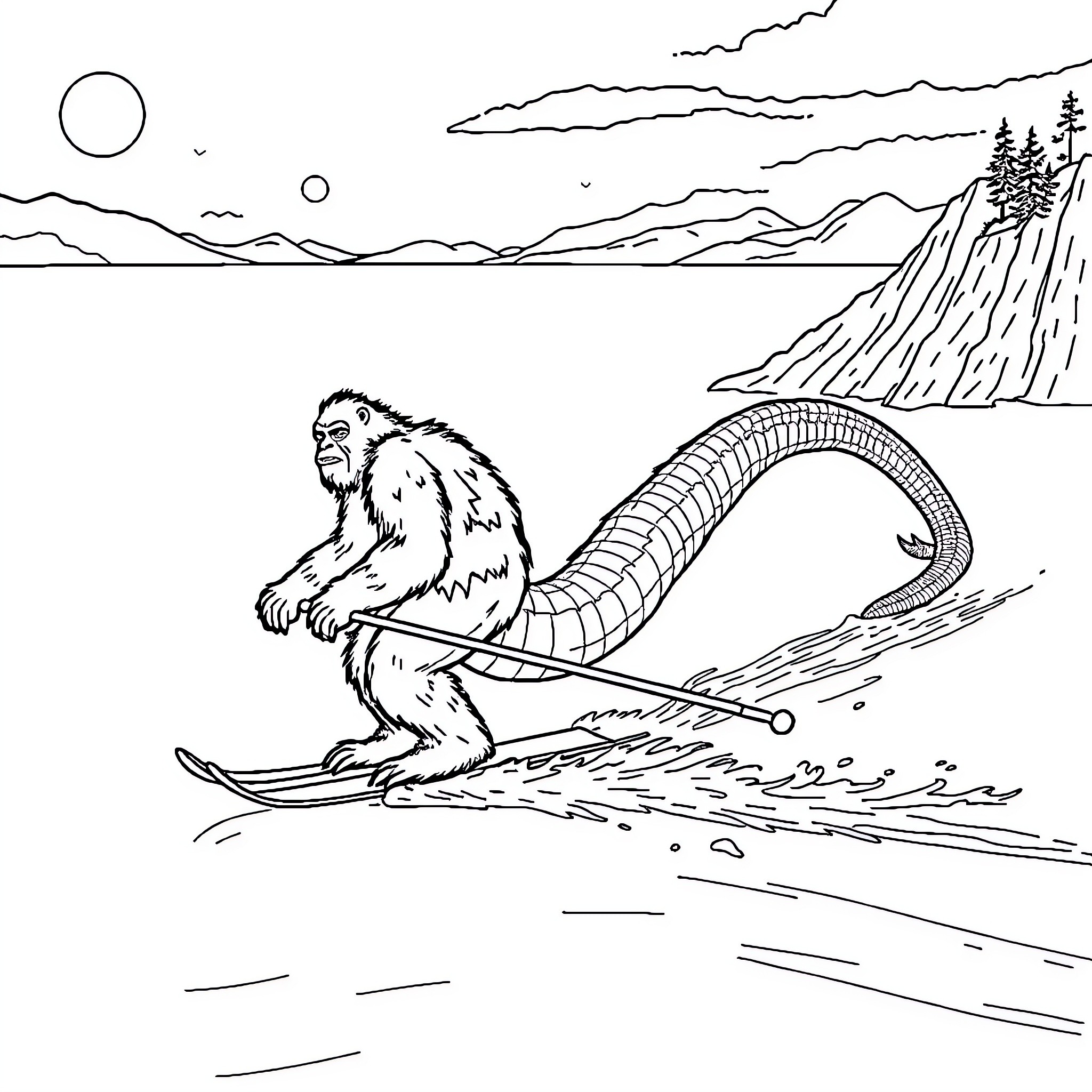 Sasquatch riding a water skis in the mountains Coloring Page (free black-and-white line drawing printable PDF for all, from beginners to advanced learners, including children, teens, adults, and seniors)