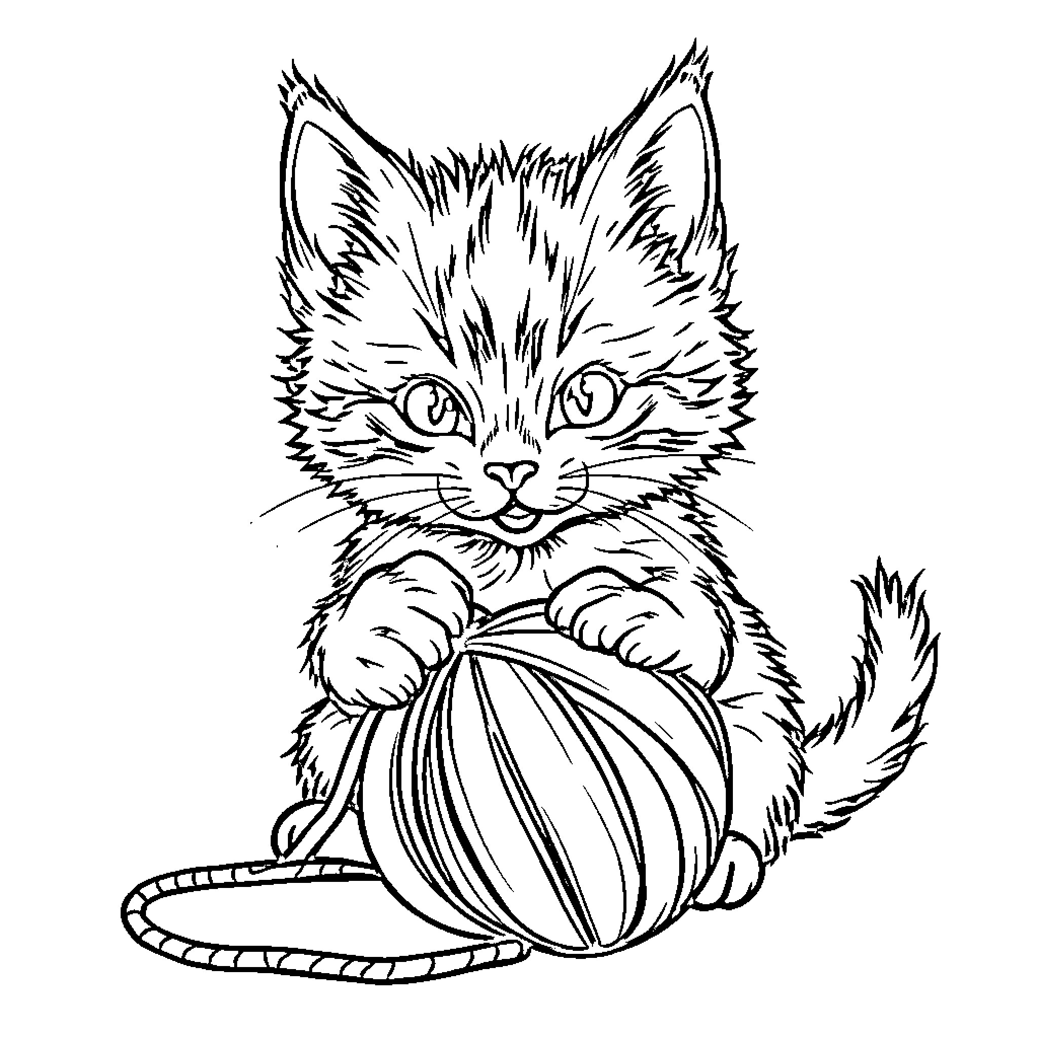 Kitty playing with yarn ball Coloring Page (free black-and-white line drawing printable PDF for all, from beginners to advanced learners, including children, teens, adults, and seniors)
