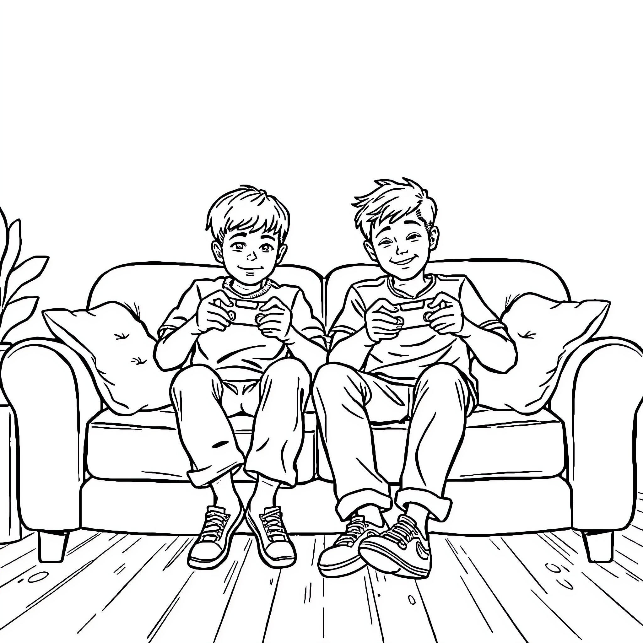 Brothers playing video games on the couch Coloring Page (free black-and-white line drawing printable PDF for all, from beginners to advanced learners, including children, teens, adults, and seniors)