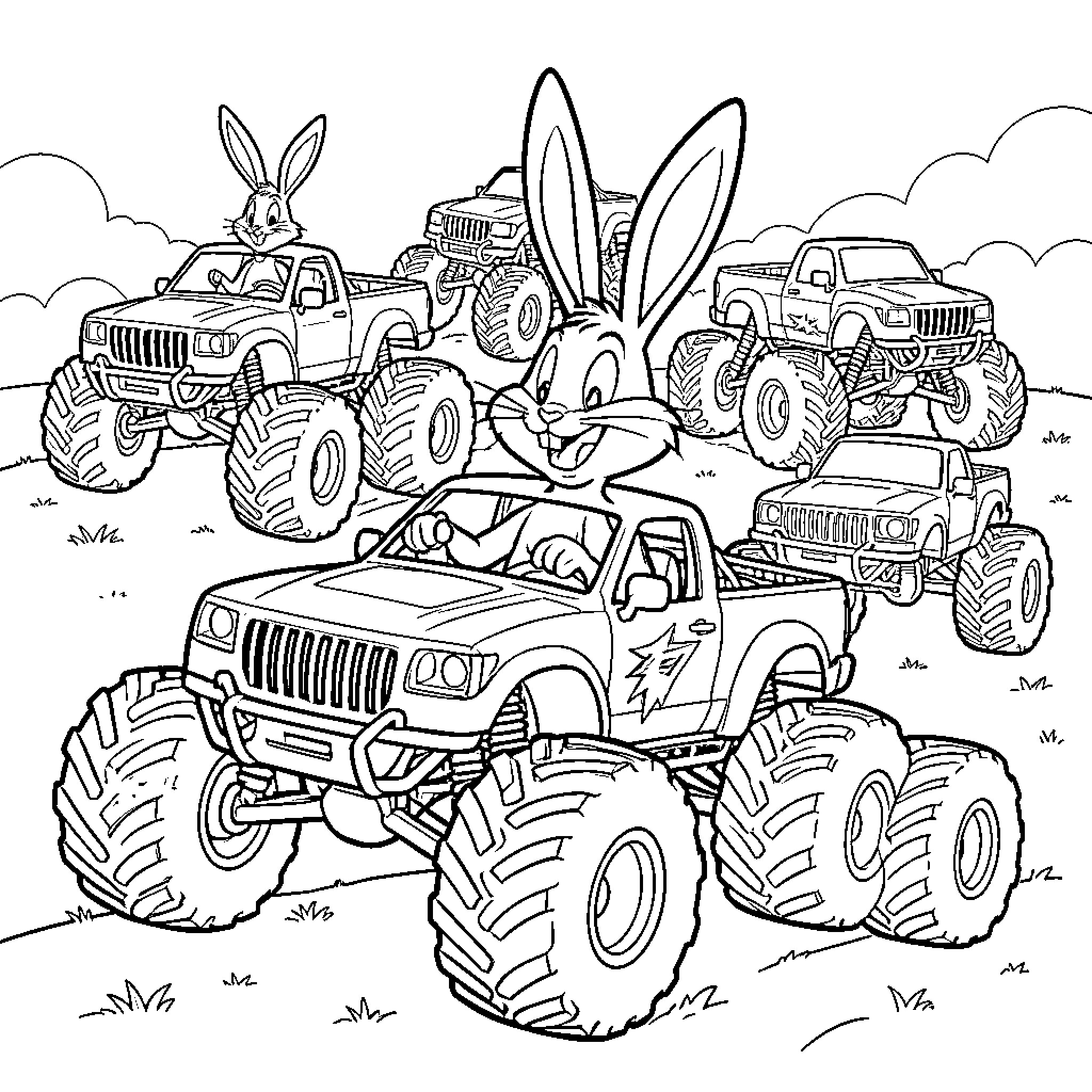 Bugs Bunny's Monster Truck Adventure Coloring Page (free black-and-white line drawing printable PDF for all, from beginners to advanced learners, including children, teens, adults, and seniors)