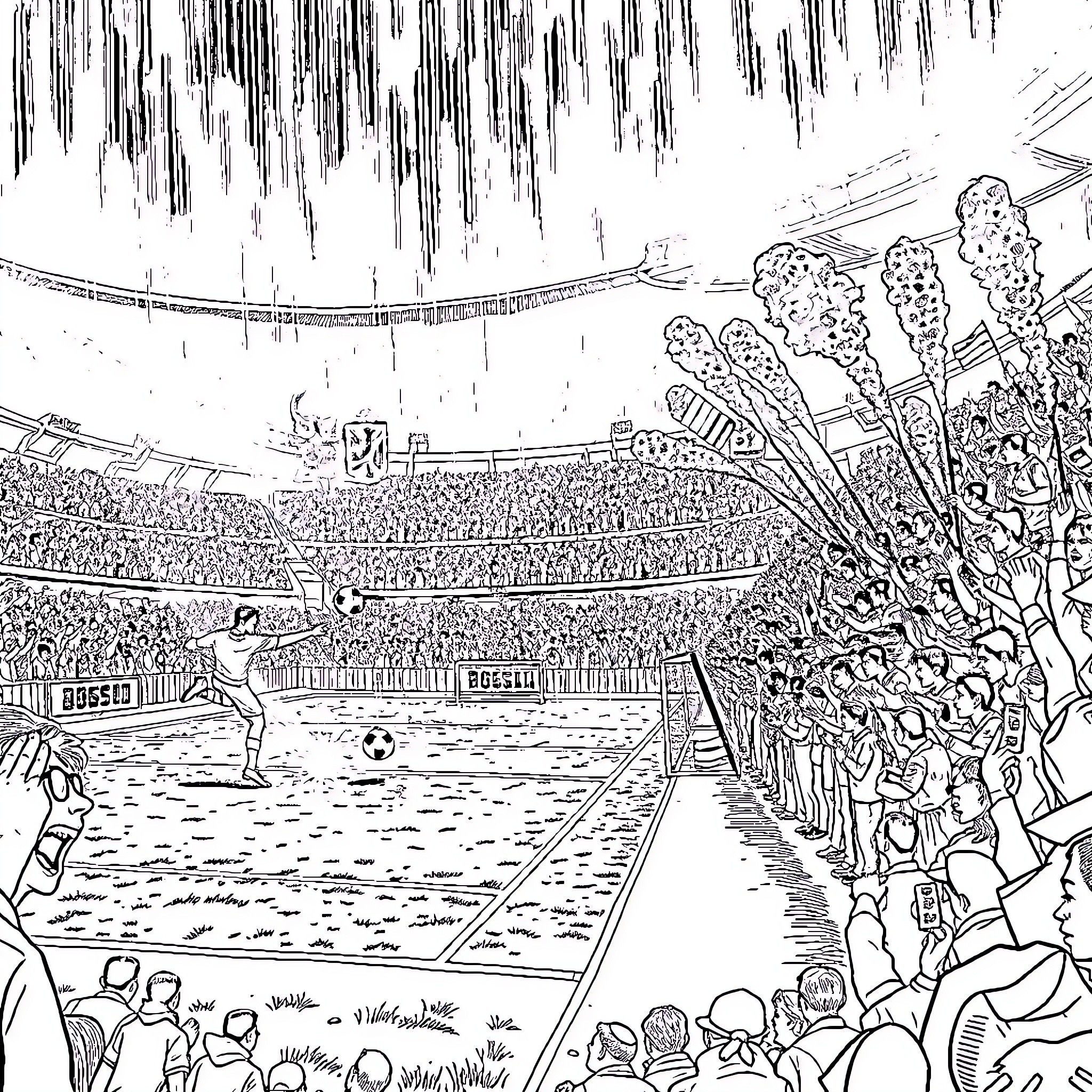 Football Match in the Packed Stadium Coloring Page (free black-and-white line drawing printable PDF for all, from beginners to advanced learners, including children, teens, adults, and seniors)