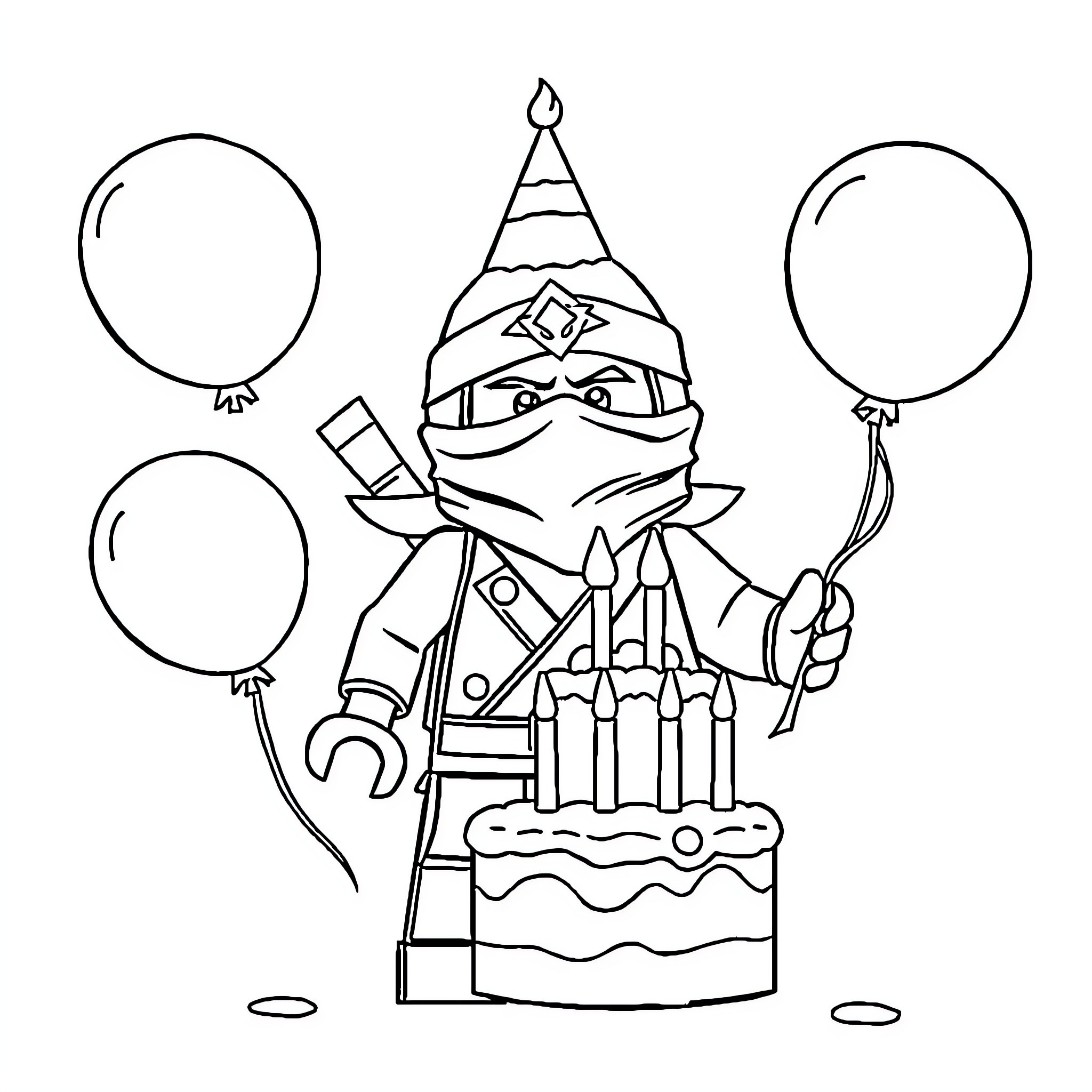 Ninjago character celebrating with party balloons Coloring Page (free black-and-white line drawing printable PDF for all, from beginners to advanced learners, including children, teens, adults, and seniors)