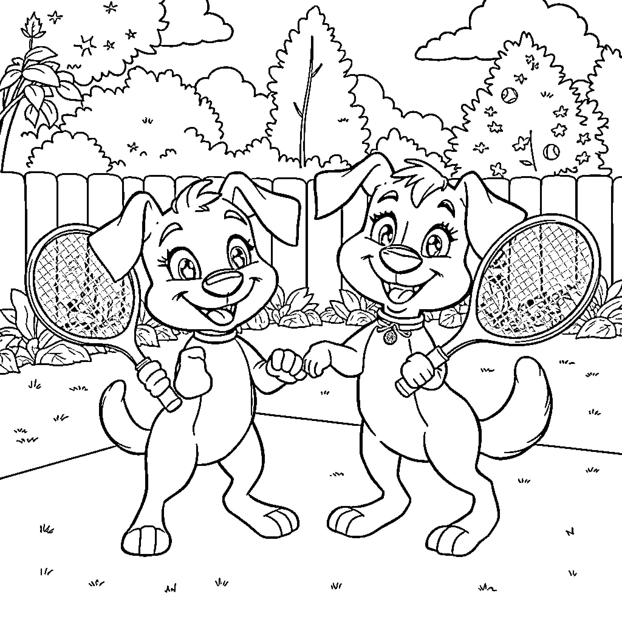 Bluey's Outdoor Adventure with Racquets Coloring Page (free black-and-white line drawing printable PDF for all, from beginners to advanced learners, including children, teens, adults, and seniors)