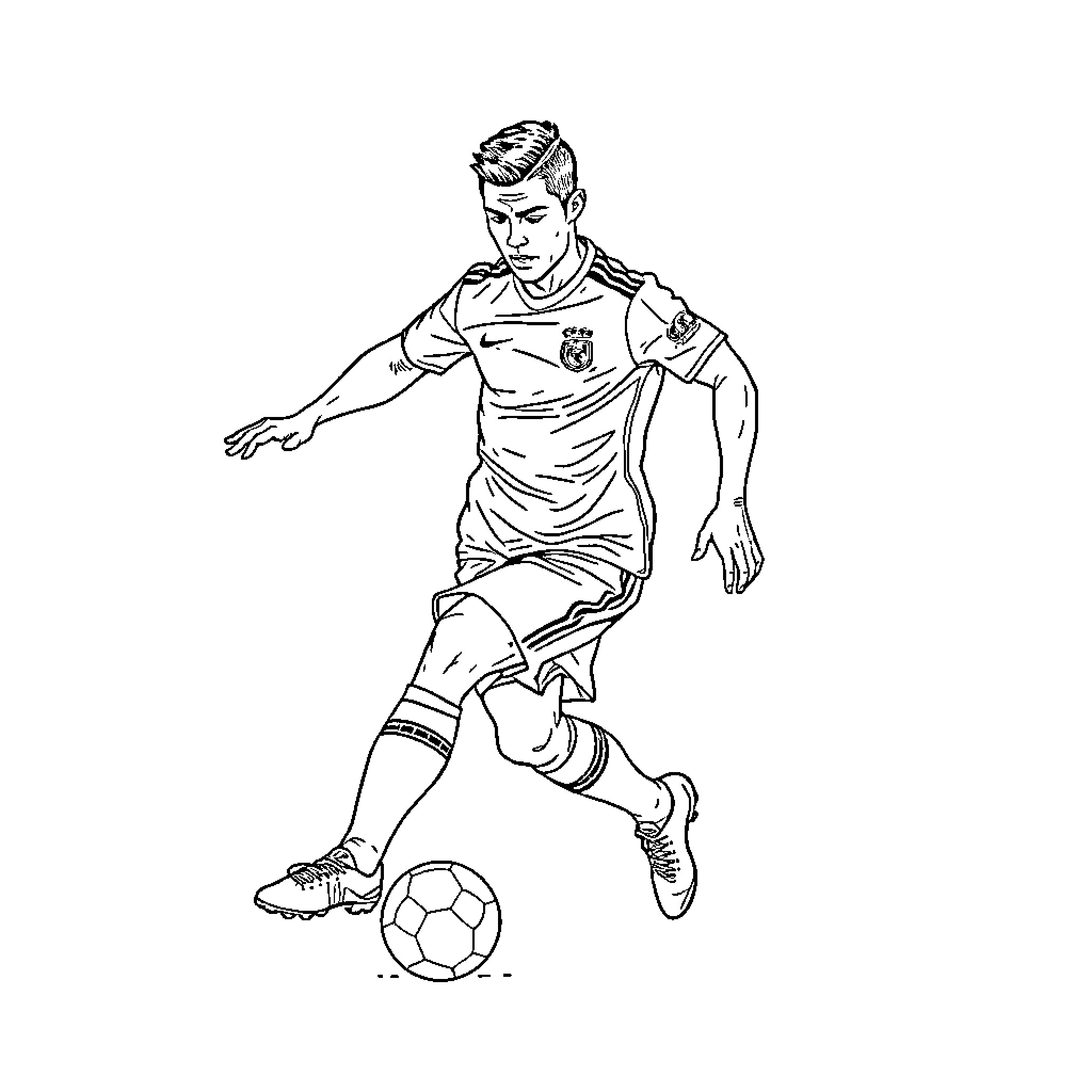 Cristiano Ronaldo playing soccer with ball on field Coloring Page (free black-and-white line drawing printable PDF for all, from beginners to advanced learners, including children, teens, adults, and seniors)