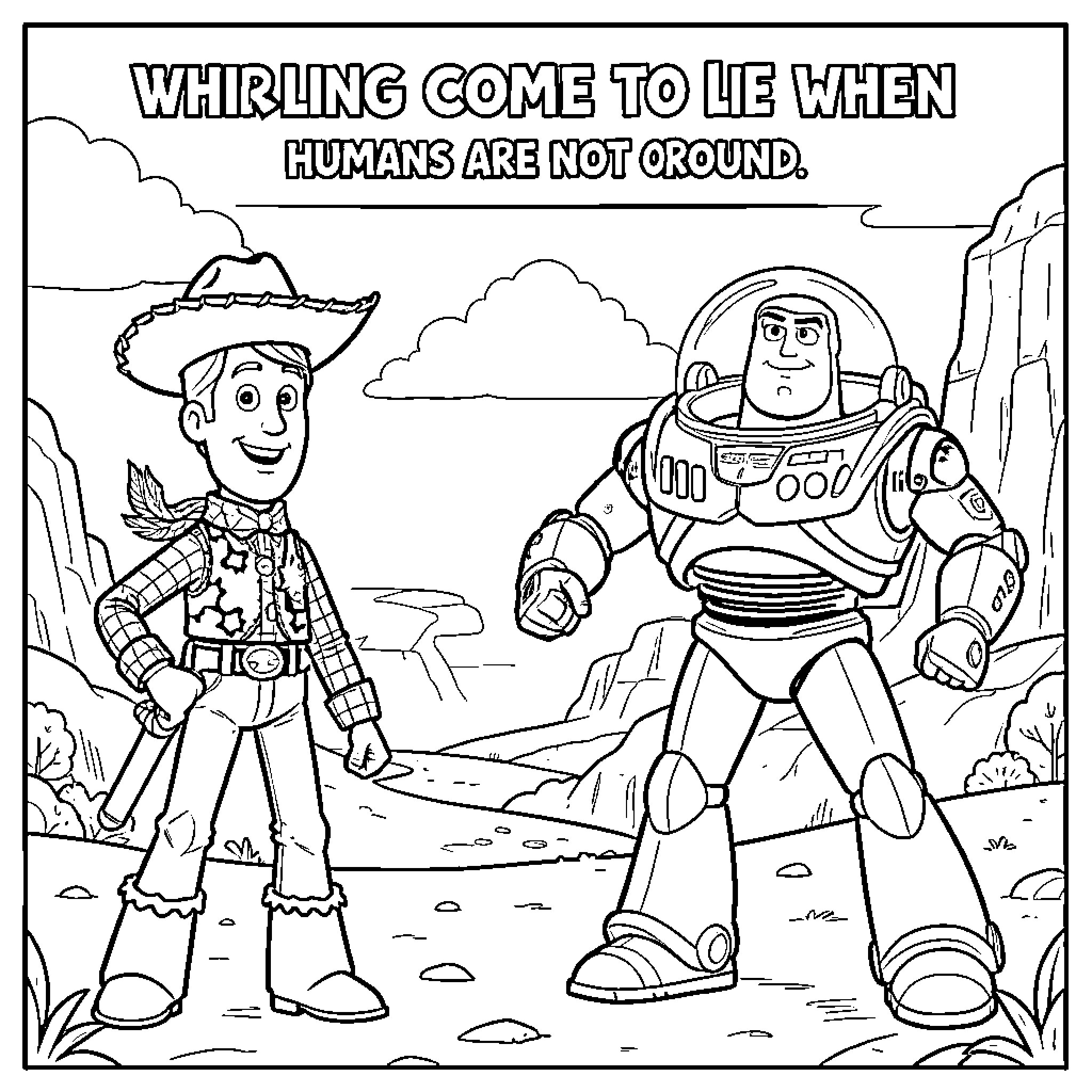 Toy Story characters standing together in a canyon Coloring Page (free black-and-white line drawing printable PDF for all, from beginners to advanced learners, including children, teens, adults, and seniors)