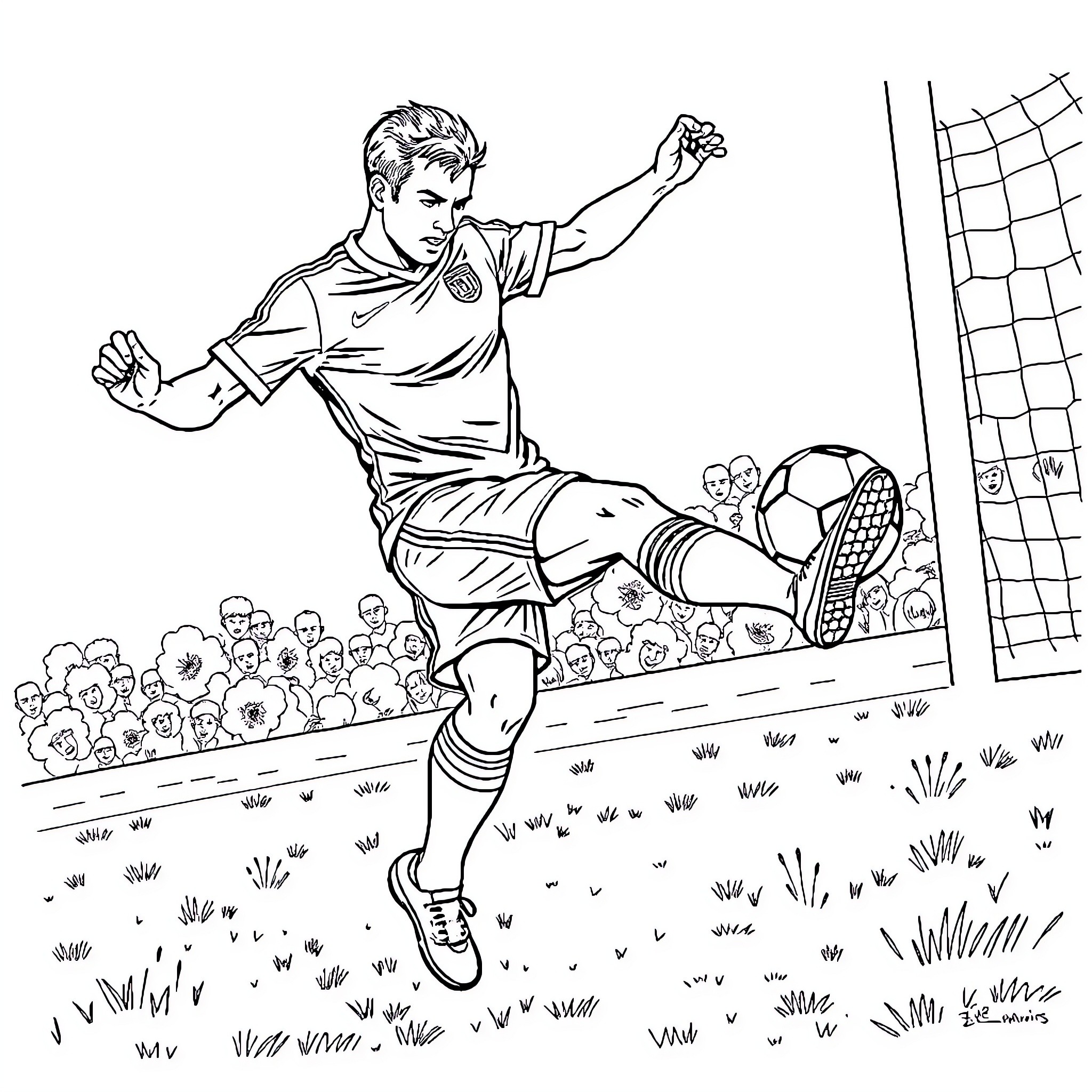 Blue Lock: Soccer Player's Aerial Acrobatics Coloring Page (free black-and-white line drawing printable PDF for all, from beginners to advanced learners, including children, teens, adults, and seniors)