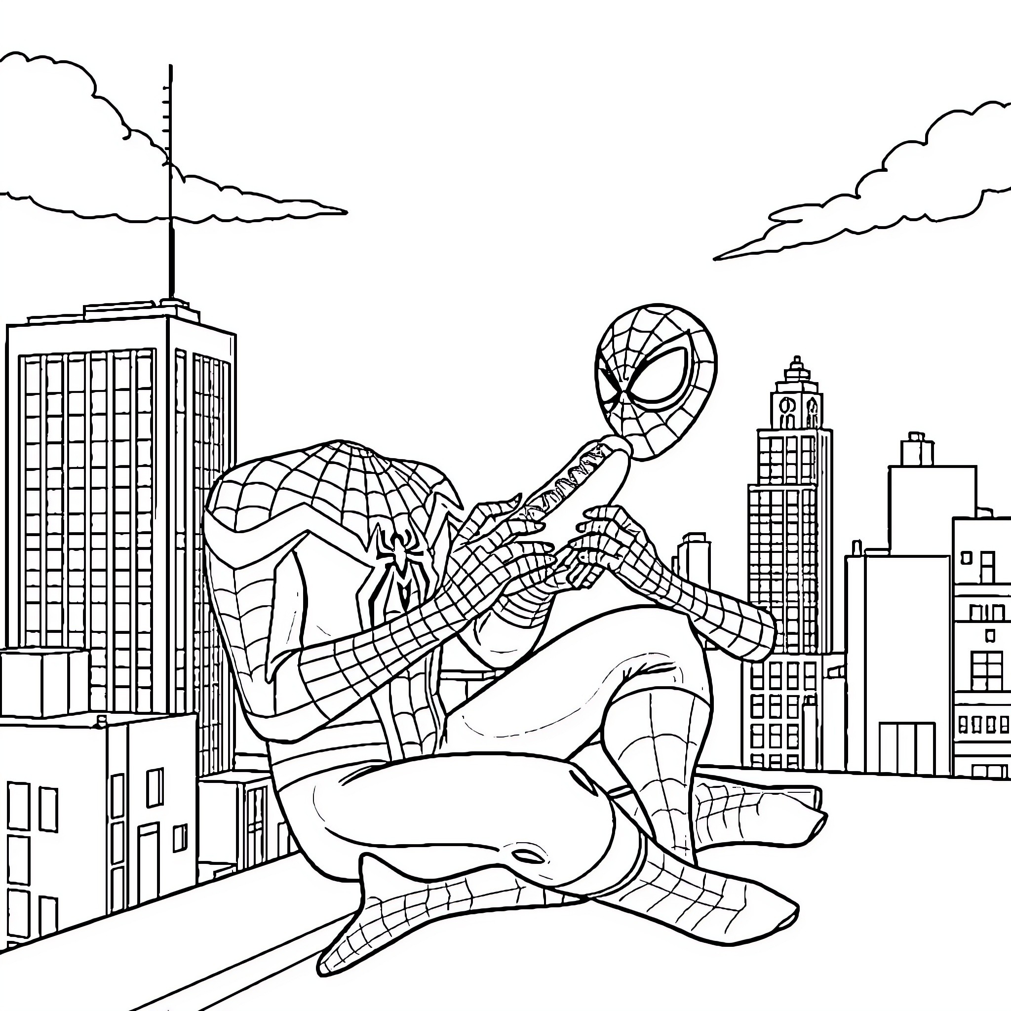 Spiderman swinging through the city skyline Coloring Page (free black-and-white line drawing printable PDF for all, from beginners to advanced learners, including children, teens, adults, and seniors)