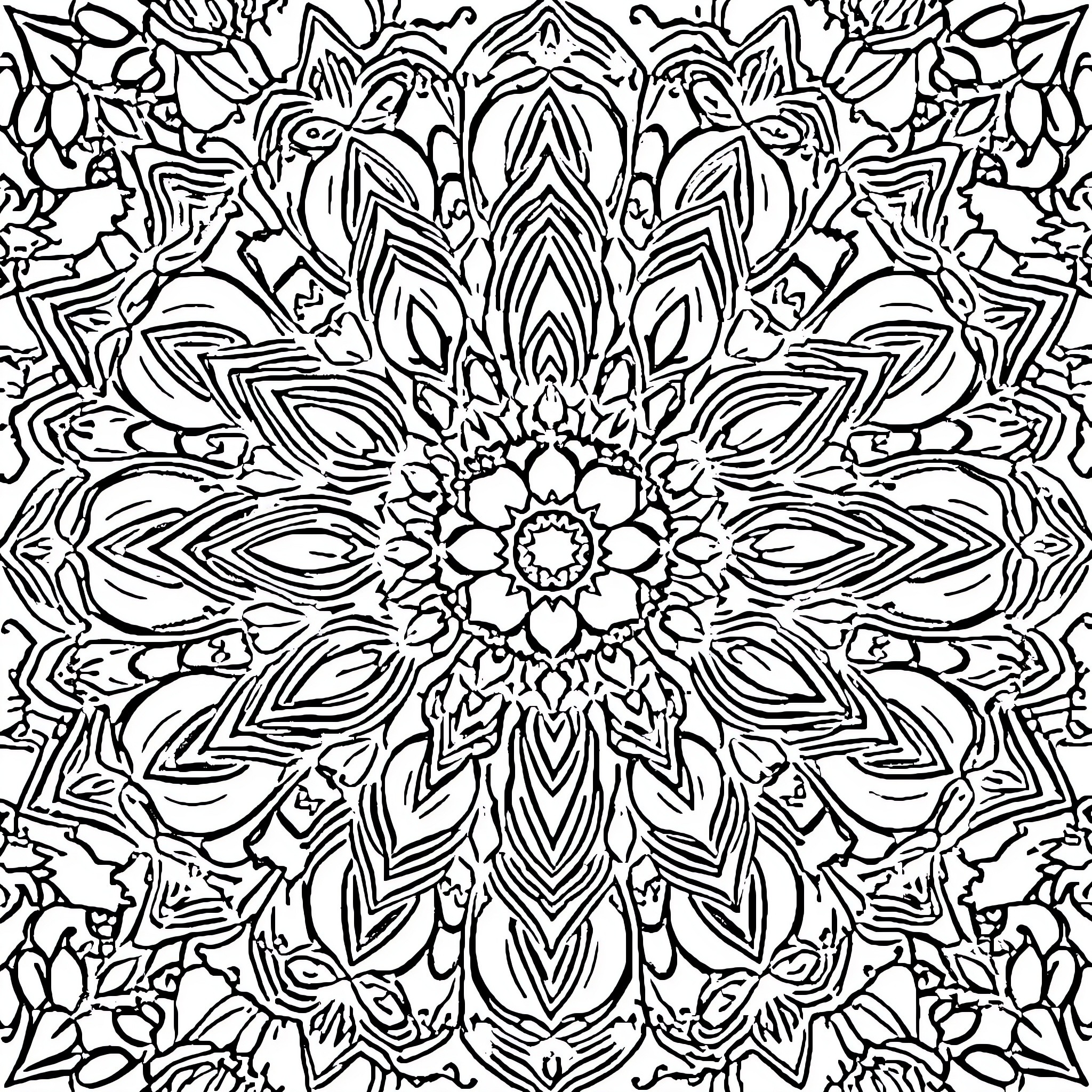 Mandala of intricate floral patterns Coloring Page (free black-and-white line drawing printable PDF for all, from beginners to advanced learners, including children, teens, adults, and seniors)