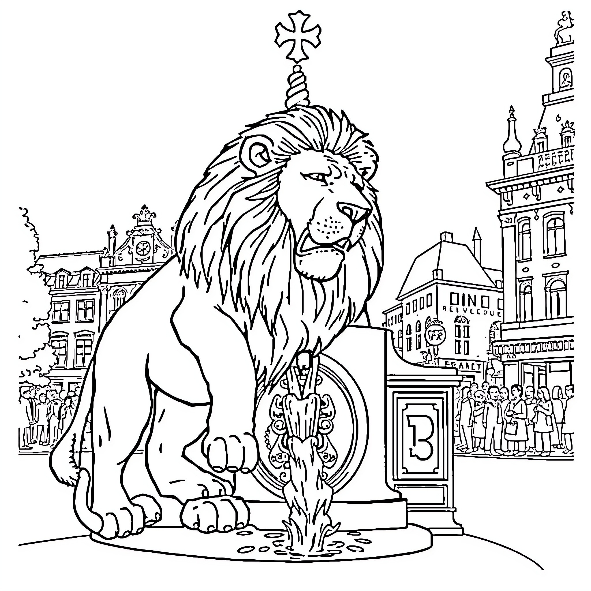 Lion standing guard over ornate city landmark Coloring Page (free black-and-white line drawing printable PDF for all, from beginners to advanced learners, including children, teens, adults, and seniors)