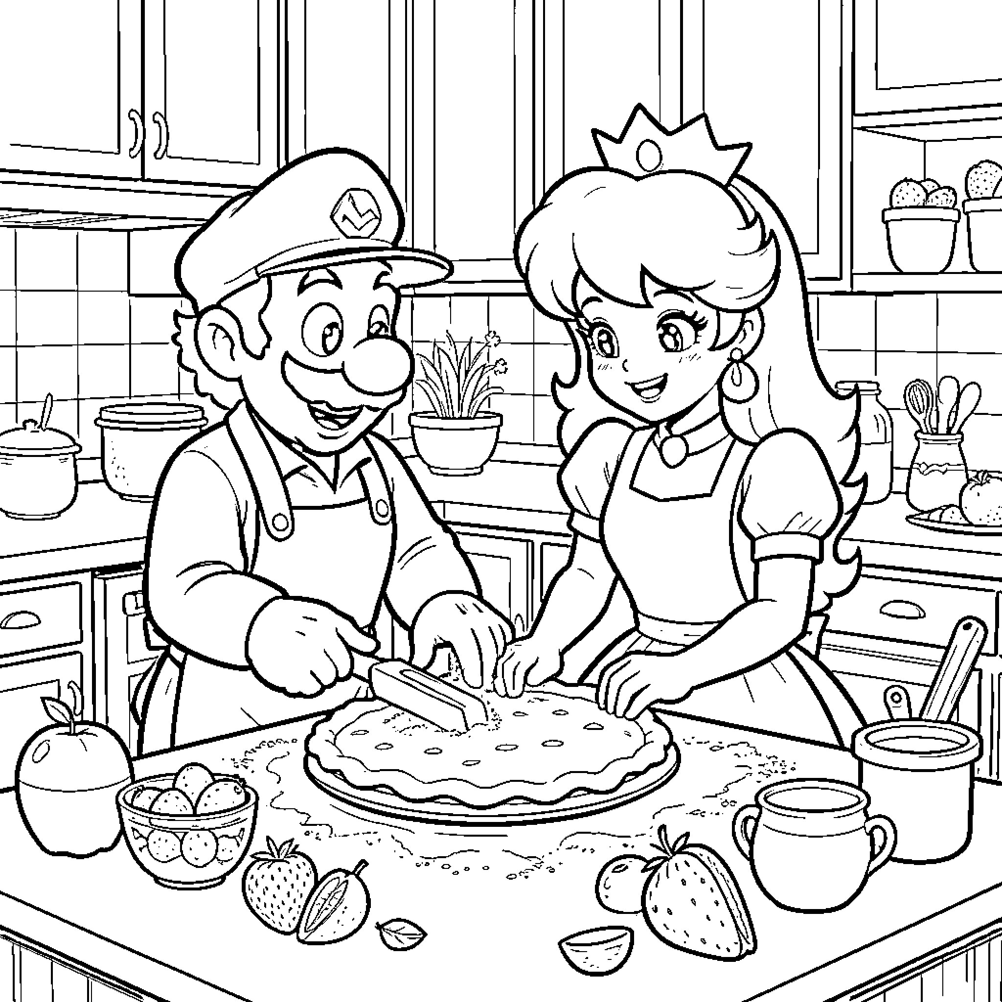 Mario and Princess Peach baking a delicious pie together Coloring Page (free black-and-white line drawing printable PDF for all, from beginners to advanced learners, including children, teens, adults, and seniors)