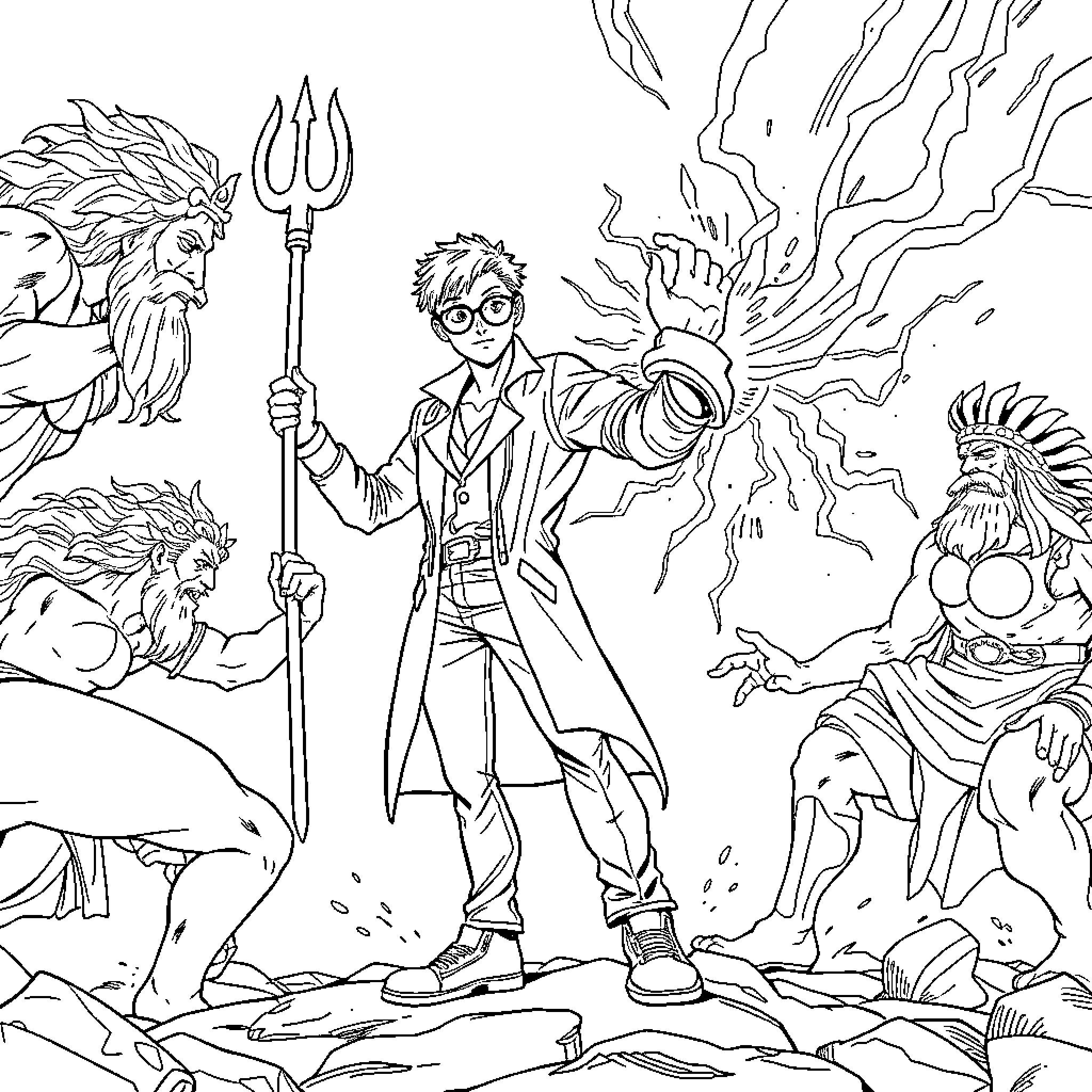 Fazi: Boy Battles Mythical Creatures in Fantastical Scene Coloring Page (free black-and-white line drawing printable PDF for all, from beginners to advanced learners, including children, teens, adults, and seniors)