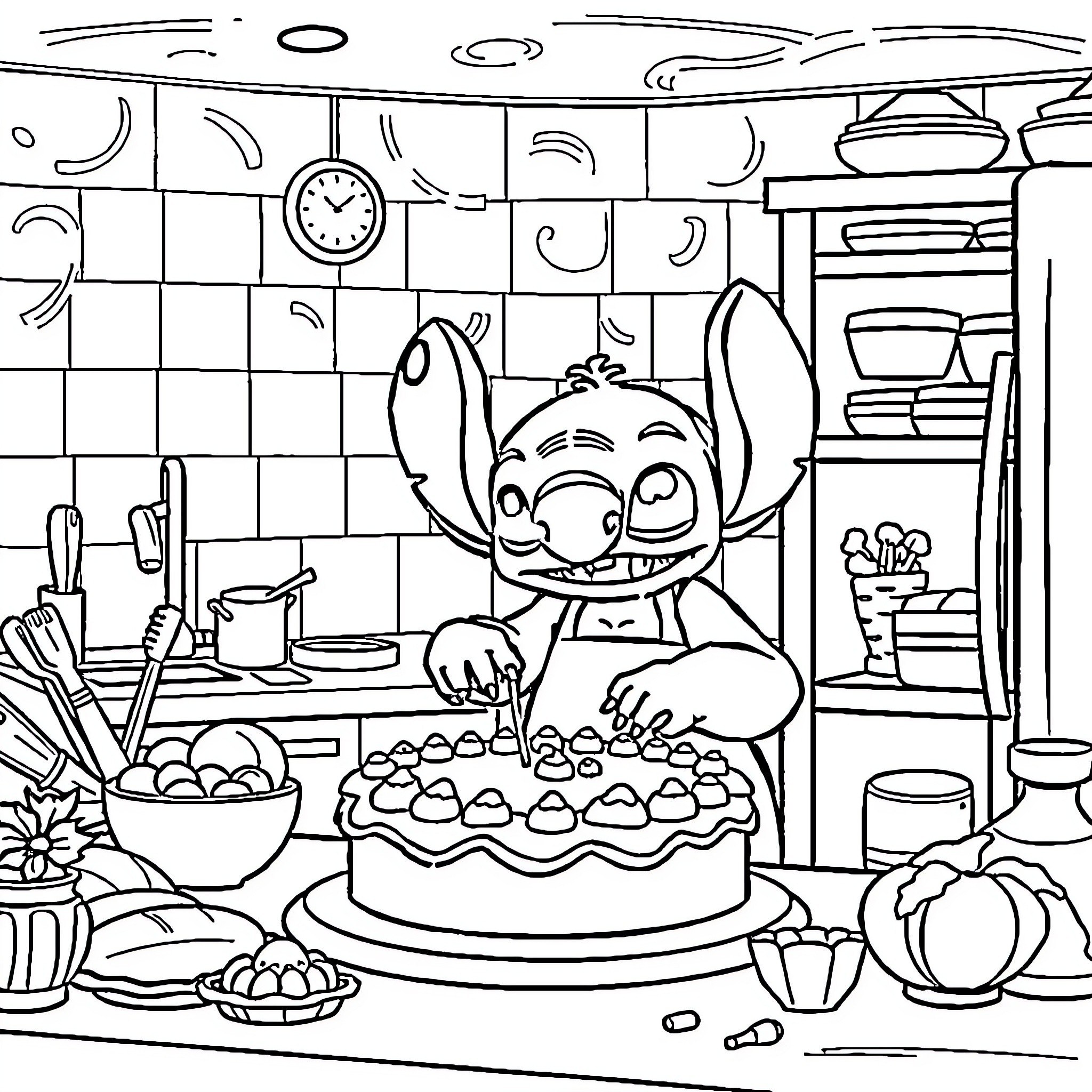 Stitch Baking a Delicious Cake in the Kitchen Coloring Page (free black-and-white line drawing printable PDF for all, from beginners to advanced learners, including children, teens, adults, and seniors)