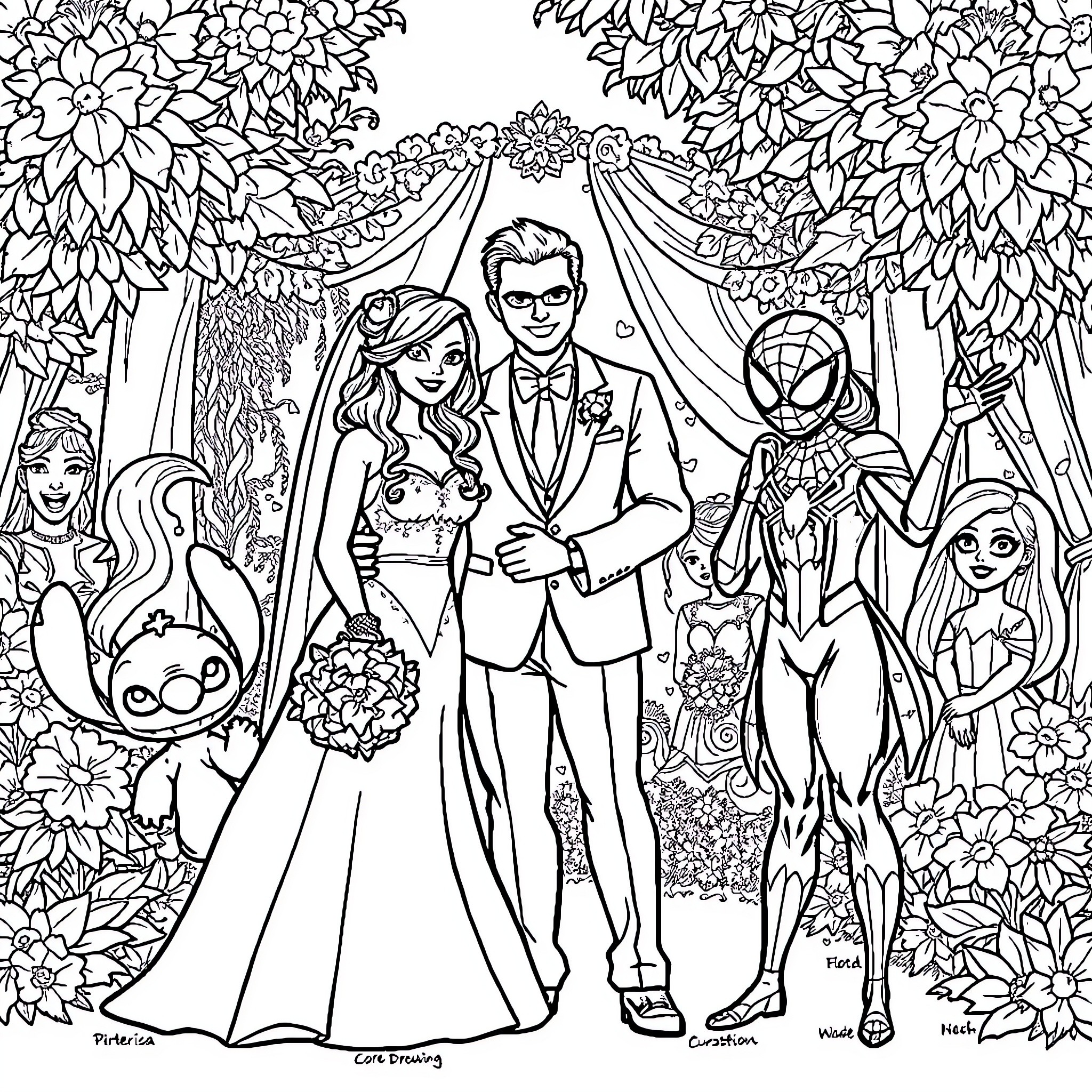 Wedding celebration with characters in colorful outfits Coloring Page (free black-and-white line drawing printable PDF for all, from beginners to advanced learners, including children, teens, adults, and seniors)