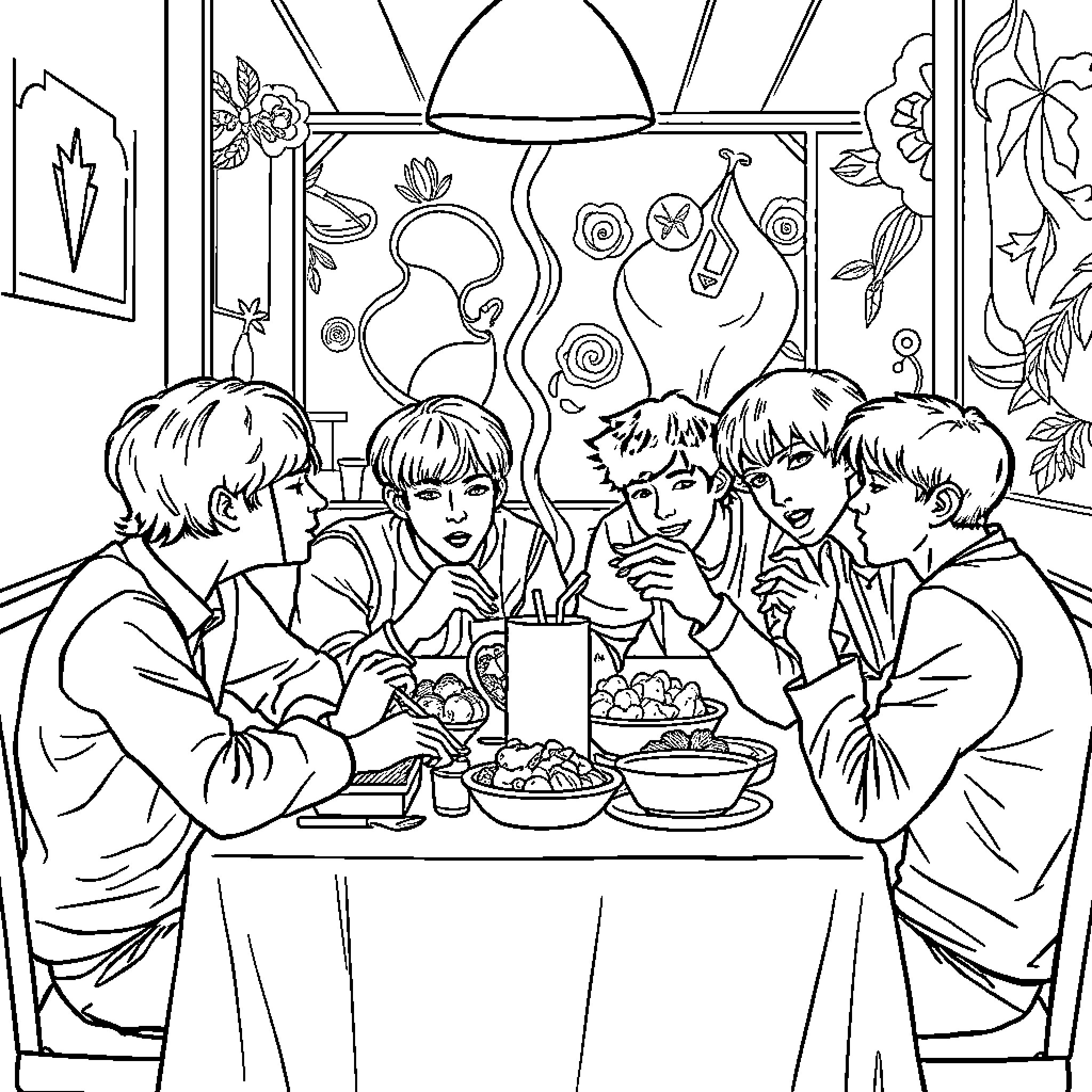 BTS enjoying a meal together in a cozy setting Coloring Page (free black-and-white line drawing printable PDF for all, from beginners to advanced learners, including children, teens, adults, and seniors)