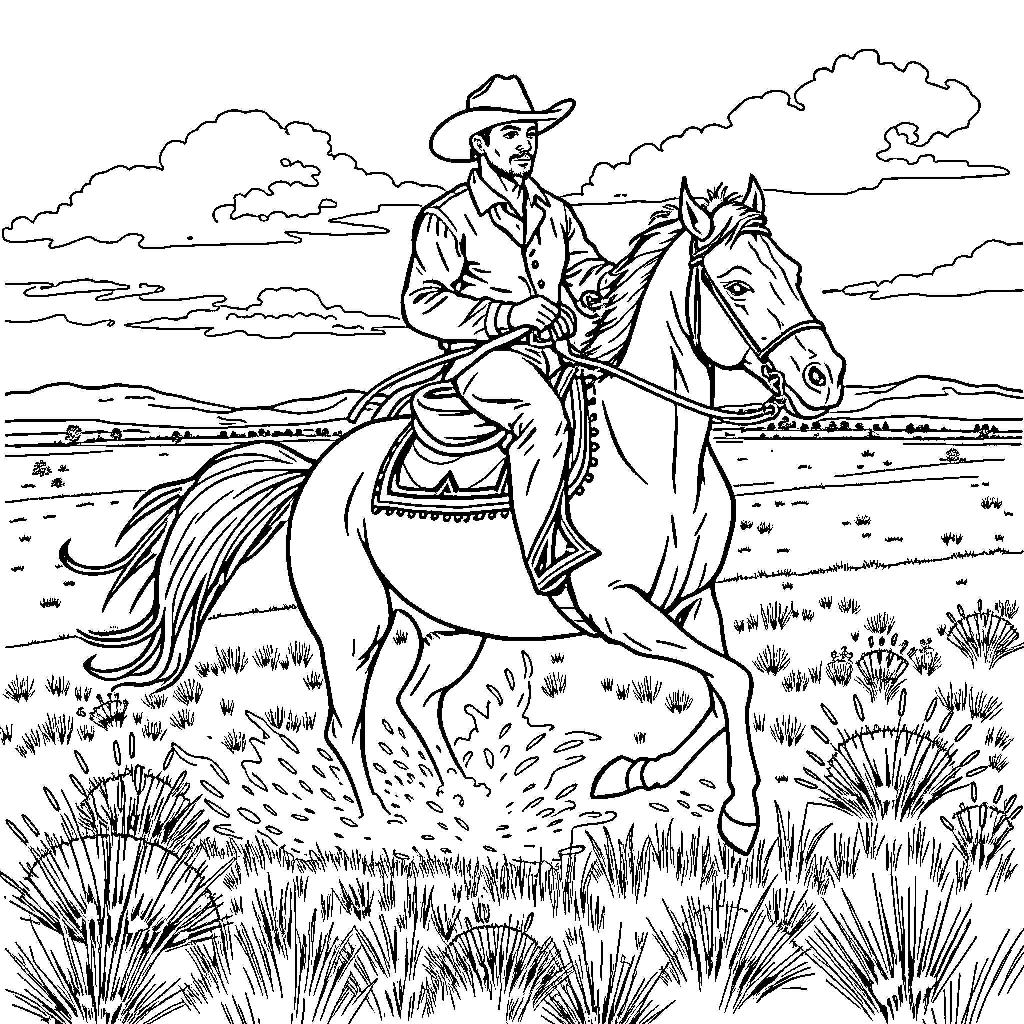 Vaquero riding a horse across the prairie Coloring Page (free black-and-white line drawing printable PDF for all, from beginners to advanced learners, including children, teens, adults, and seniors)