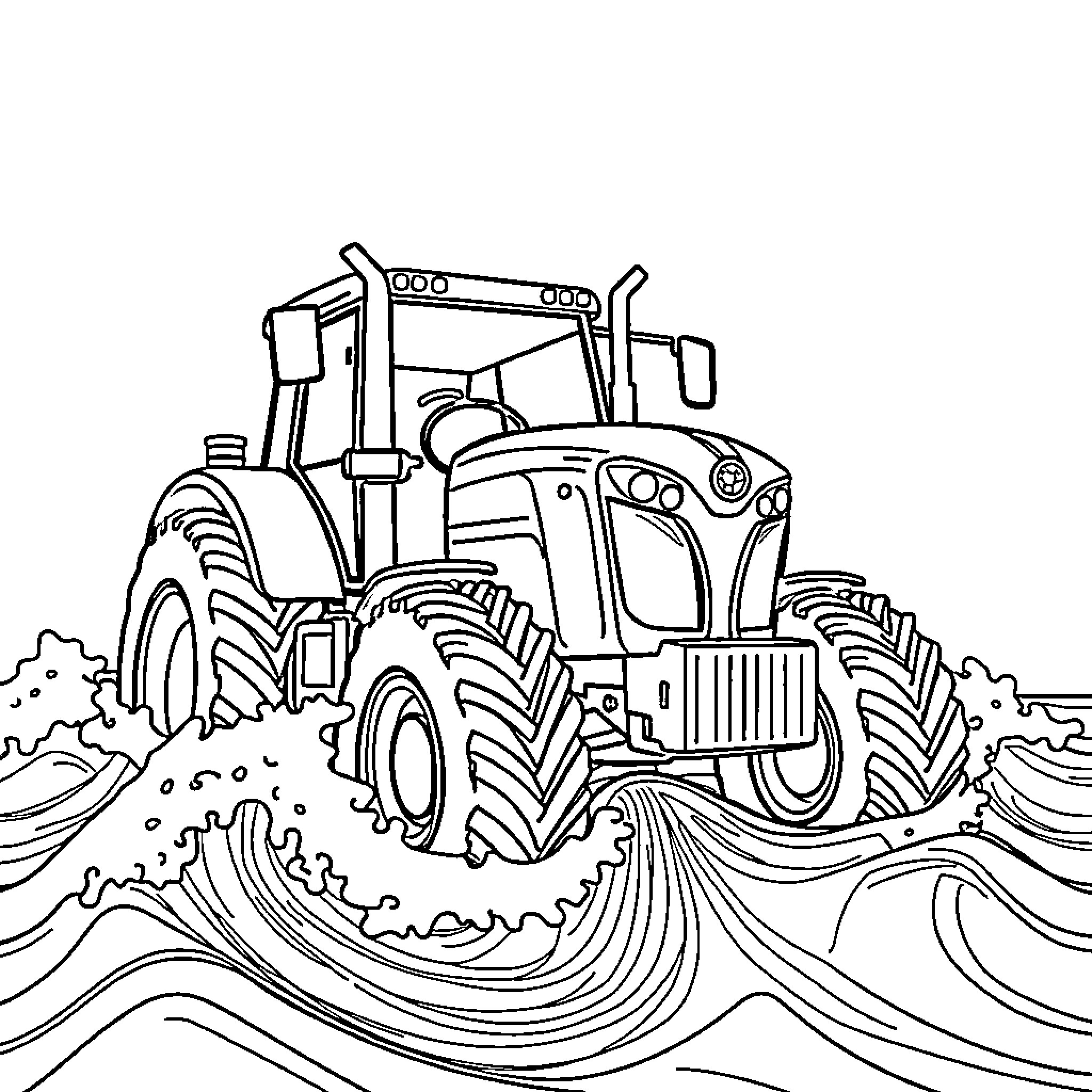 Tractor Navigating Through Rugged Terrain Coloring Page (free black-and-white line drawing printable PDF for all, from beginners to advanced learners, including children, teens, adults, and seniors)