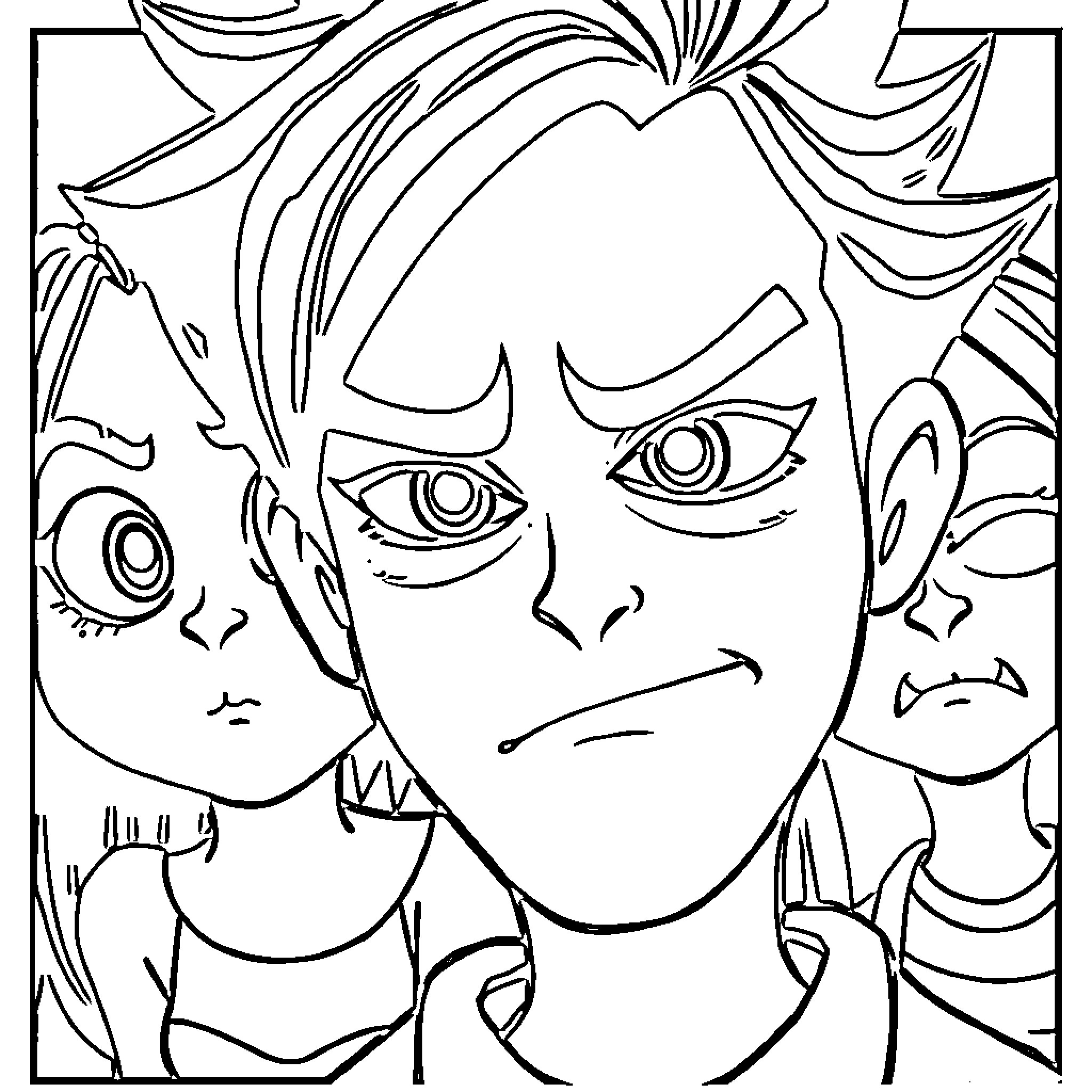 Animated Character with Intense Expressions Coloring Page (free black-and-white line drawing printable PDF for all, from beginners to advanced learners, including children, teens, adults, and seniors)