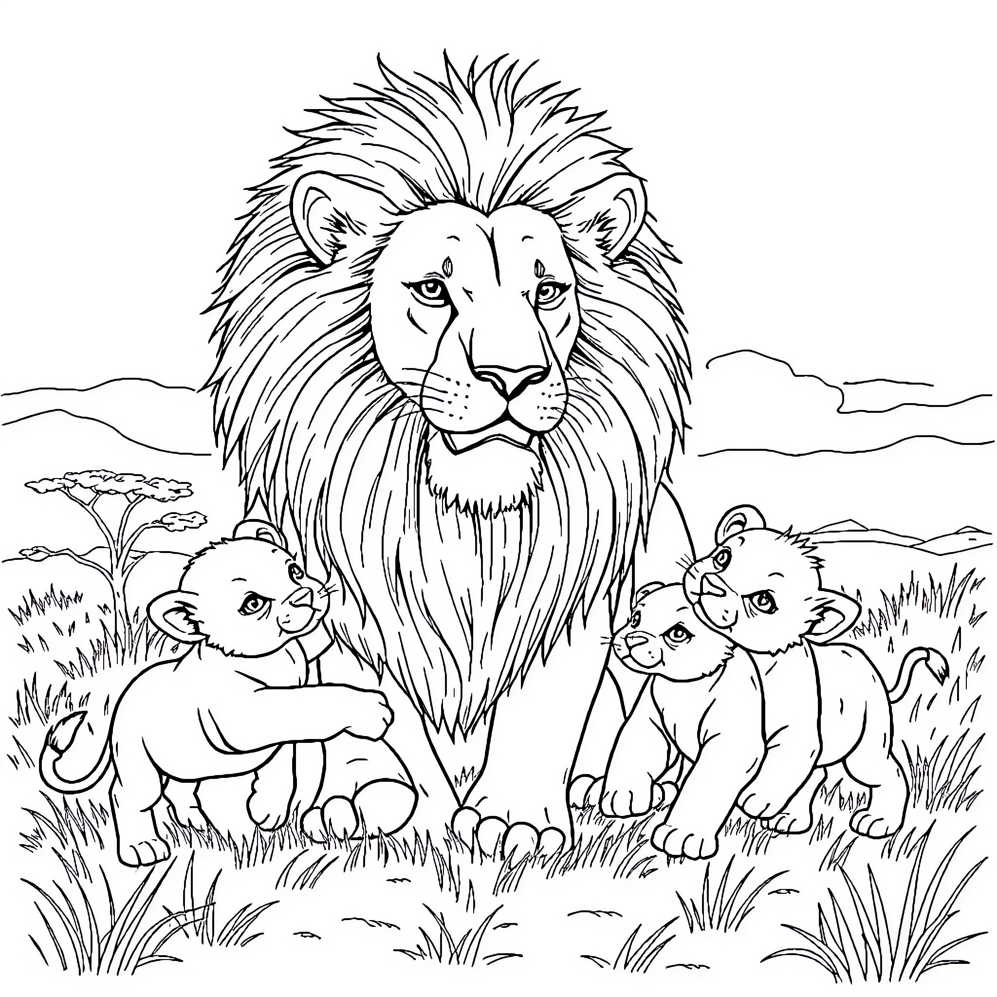 Lion with Majestic Presence and Playful Cubs Coloring Page (free black-and-white line drawing printable PDF for all, from beginners to advanced learners, including children, teens, adults, and seniors)