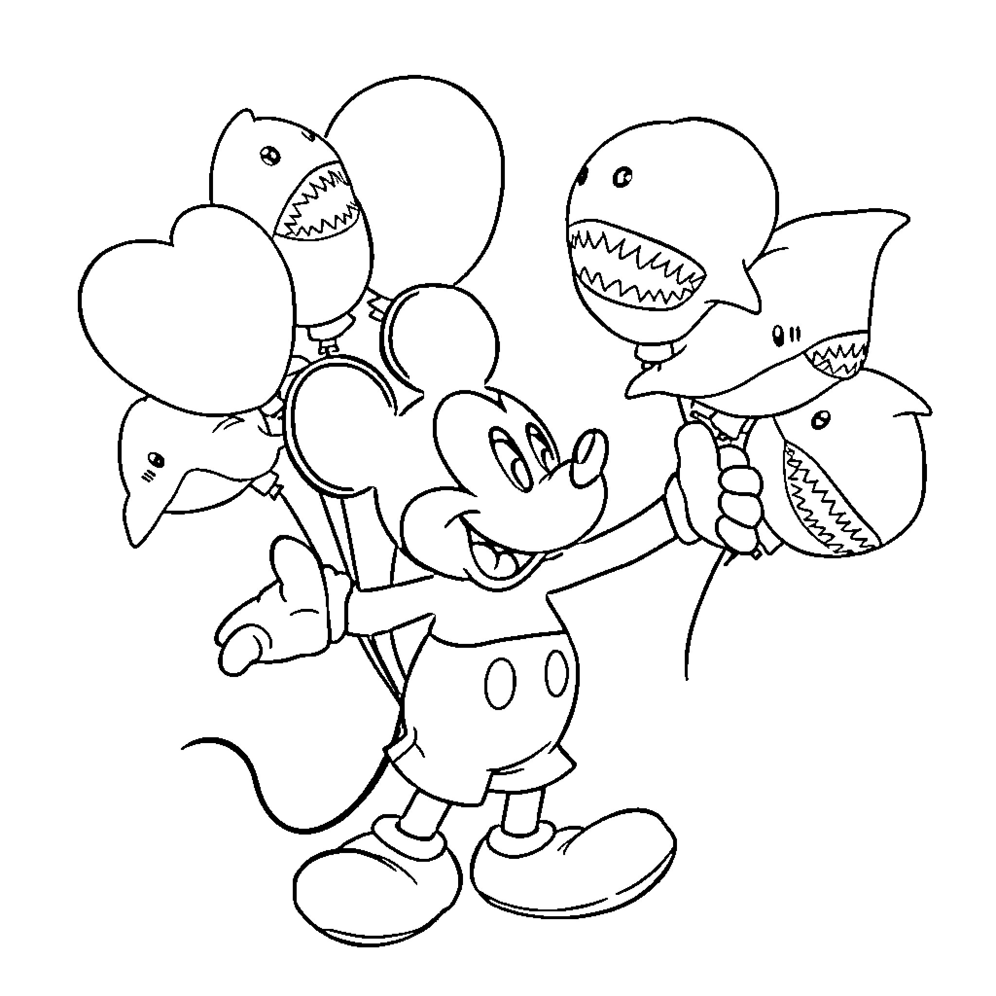 Mickey Mouse playing with balloon-eating sharks Coloring Page (free black-and-white line drawing printable PDF for all, from beginners to advanced learners, including children, teens, adults, and seniors)