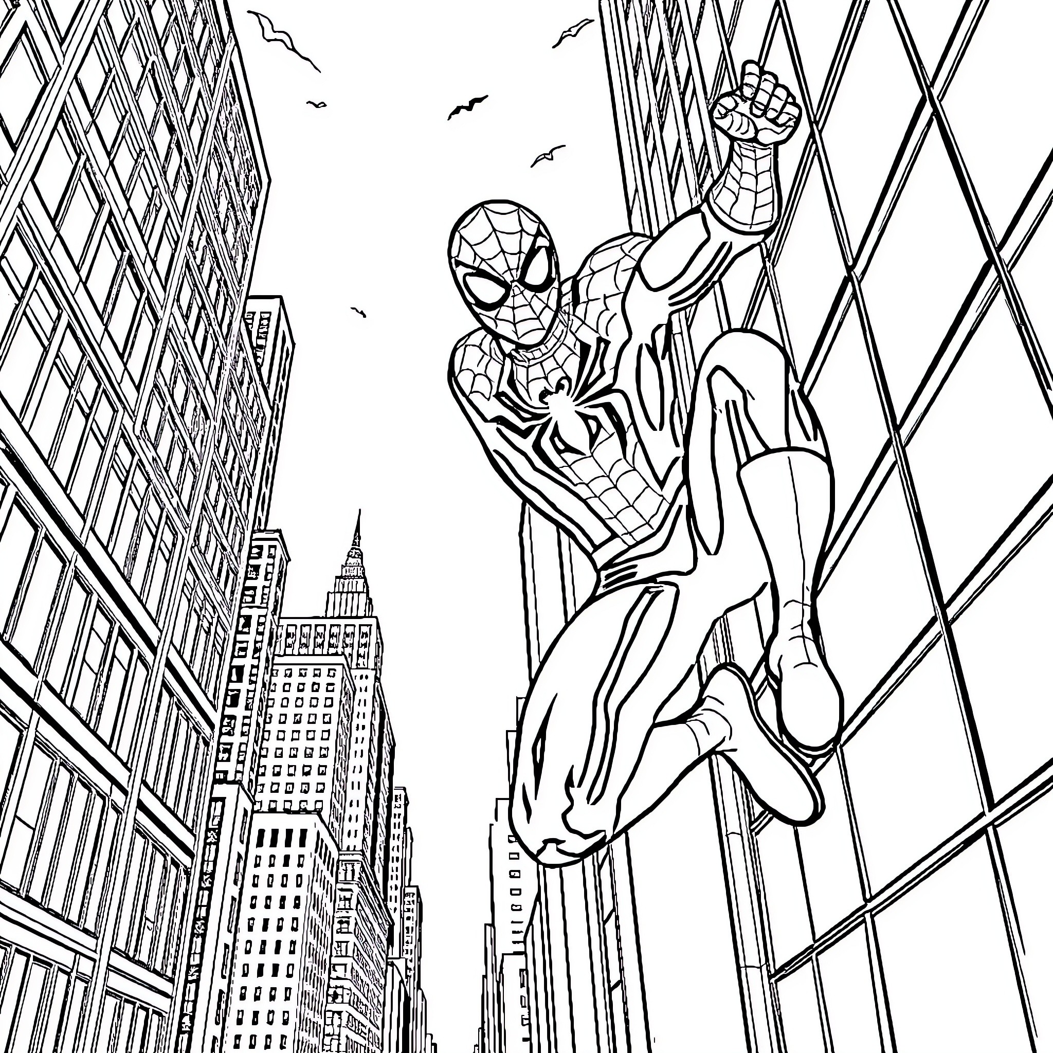 Spider-Man swinging between skyscrapers in the city Coloring Page (free black-and-white line drawing printable PDF for all, from beginners to advanced learners, including children, teens, adults, and seniors)
