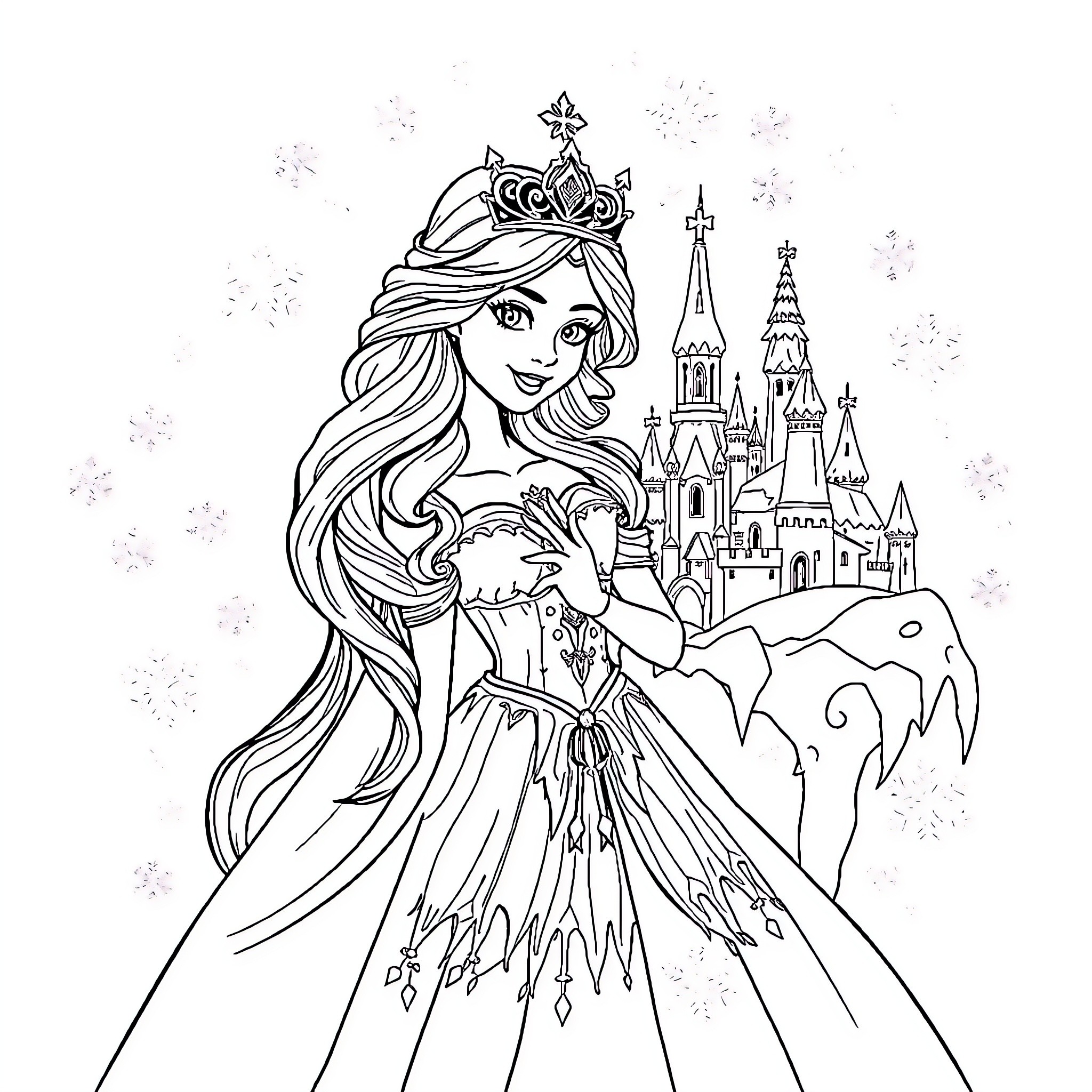 Snow Queen in Regal Attire Amid Enchanting Castles Coloring Page (free black-and-white line drawing printable PDF for all, from beginners to advanced learners, including children, teens, adults, and seniors)