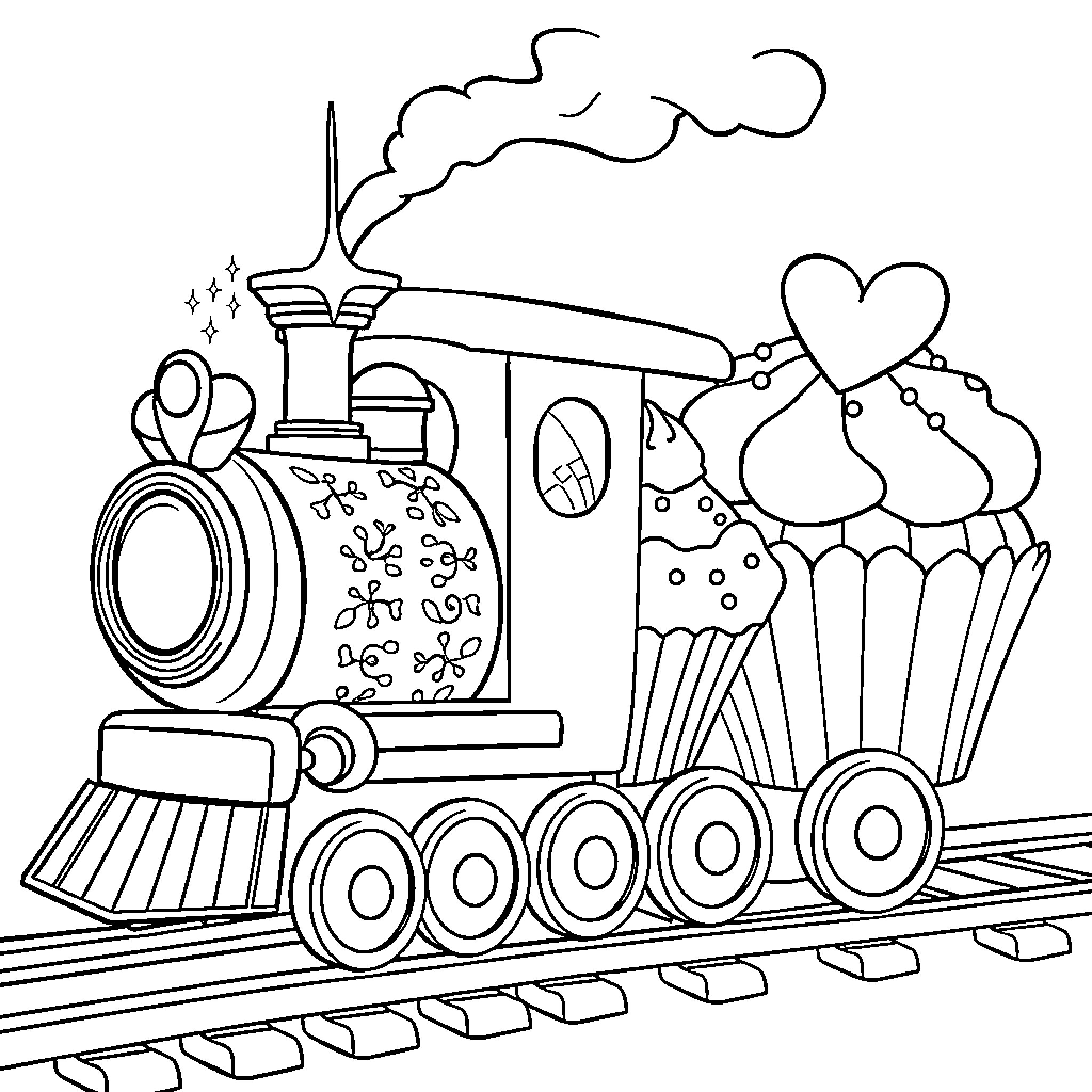 Cupcake Train Carrying Sweets and Hearts Coloring Page (free black-and-white line drawing printable PDF for all, from beginners to advanced learners, including children, teens, adults, and seniors)