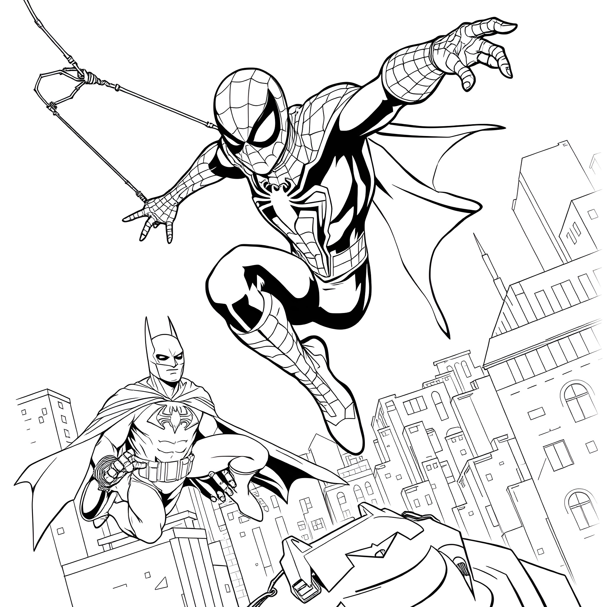 Spider-Man swinging through the city, with Batman below Coloring Page (free black-and-white line drawing printable PDF for all, from beginners to advanced learners, including children, teens, adults, and seniors)