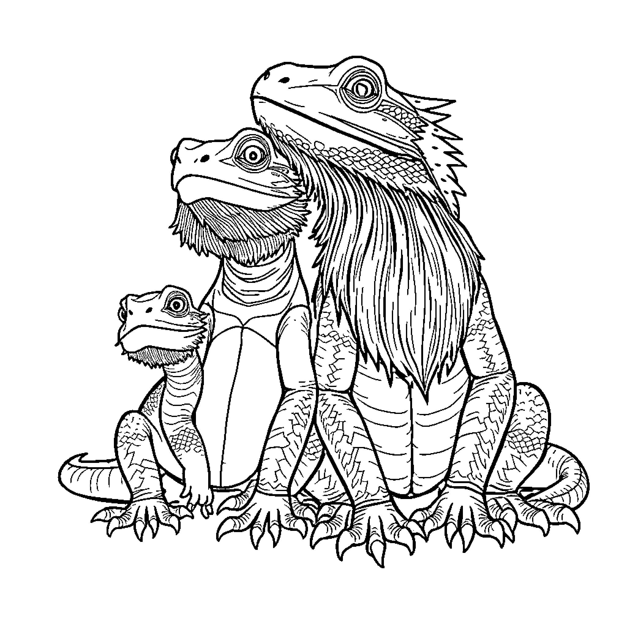 Bearded Dragons in Playful Pose Coloring Page (free black-and-white line drawing printable PDF for all, from beginners to advanced learners, including children, teens, adults, and seniors)