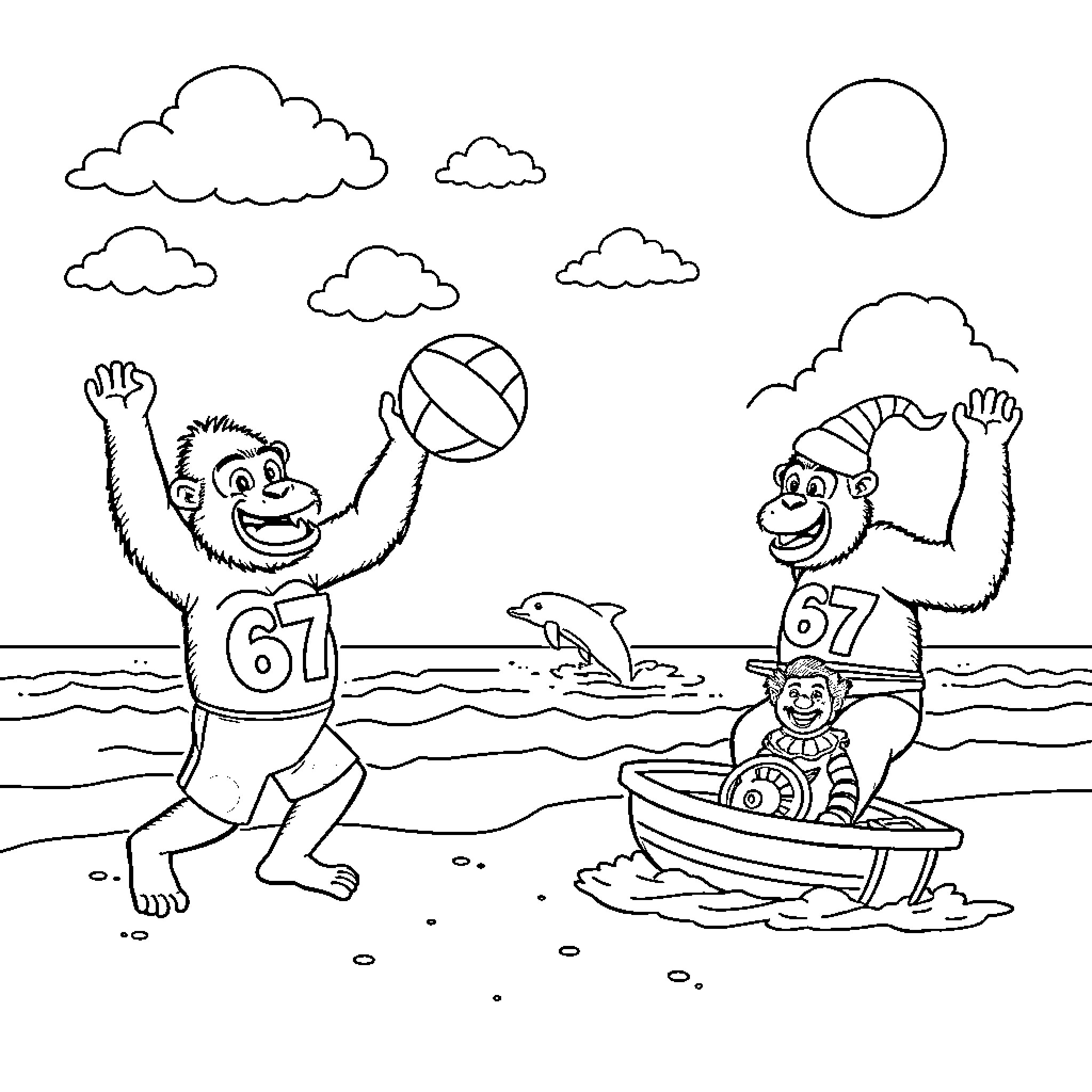 Gorillas playing volleyball and fishing in the ocean Coloring Page (free black-and-white line drawing printable PDF for all, from beginners to advanced learners, including children, teens, adults, and seniors)
