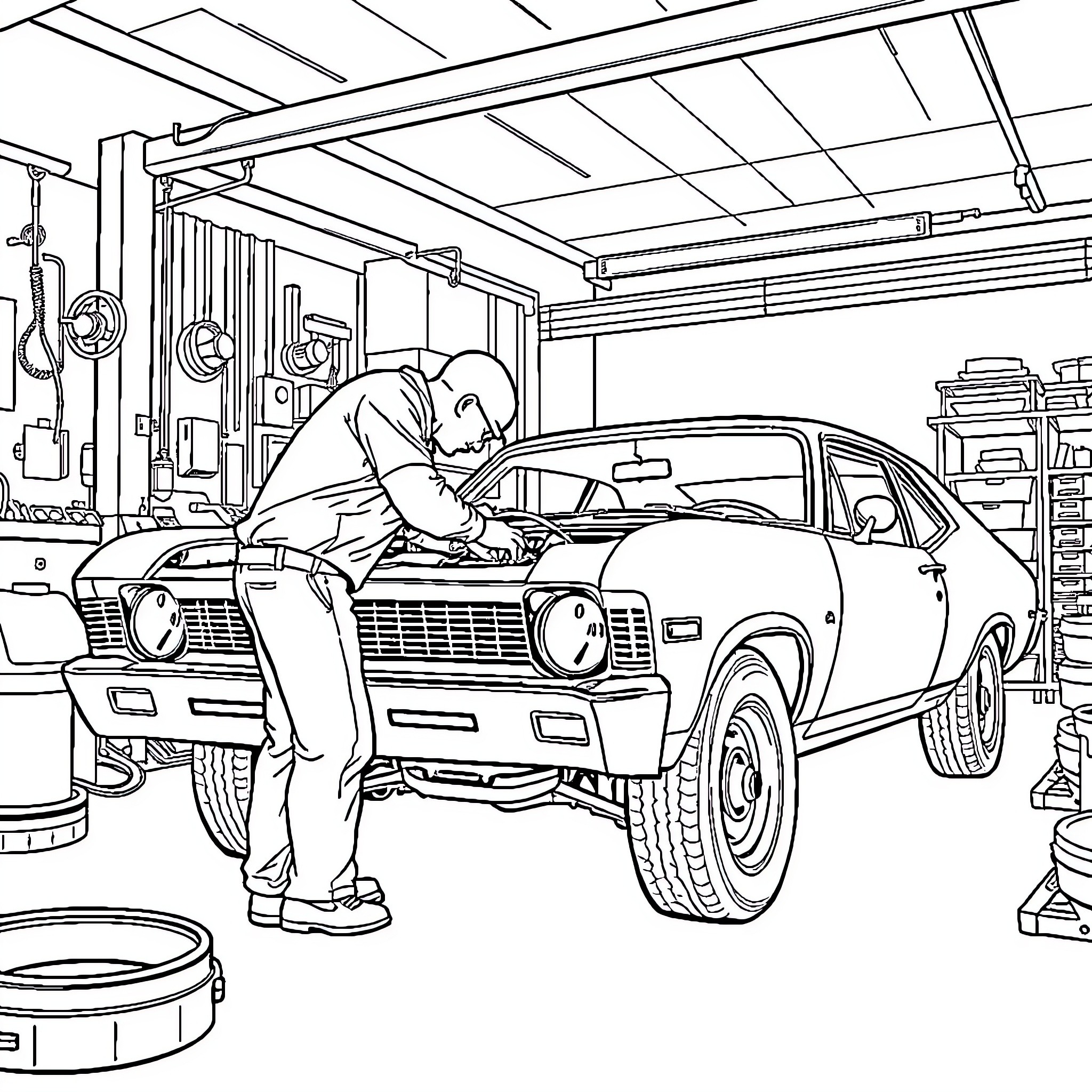 Mechanic working diligently on classic car in garage Coloring Page (free black-and-white line drawing printable PDF for all, from beginners to advanced learners, including children, teens, adults, and seniors)