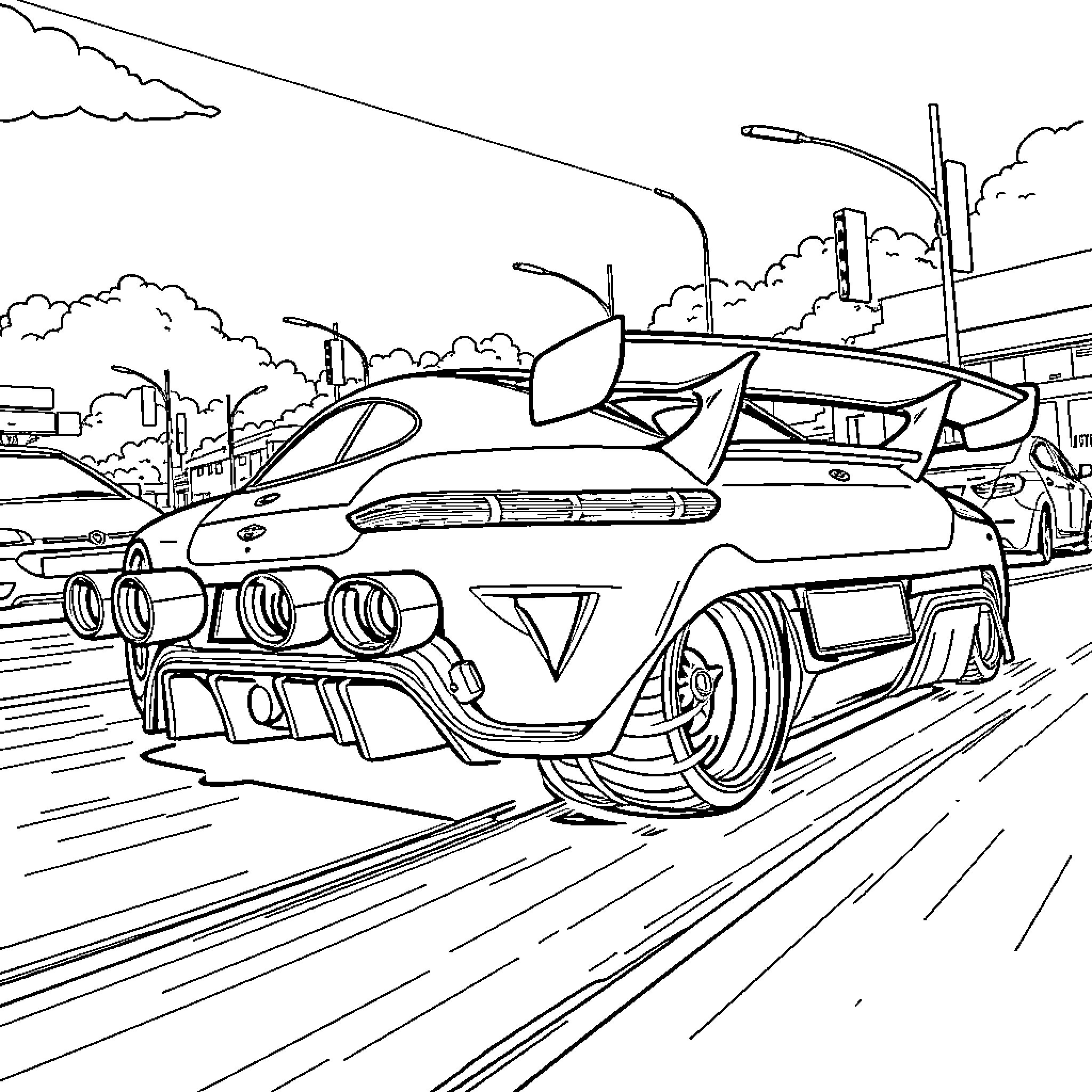 Sportscar racing down the city street Coloring Page (free black-and-white line drawing printable PDF for all, from beginners to advanced learners, including children, teens, adults, and seniors)