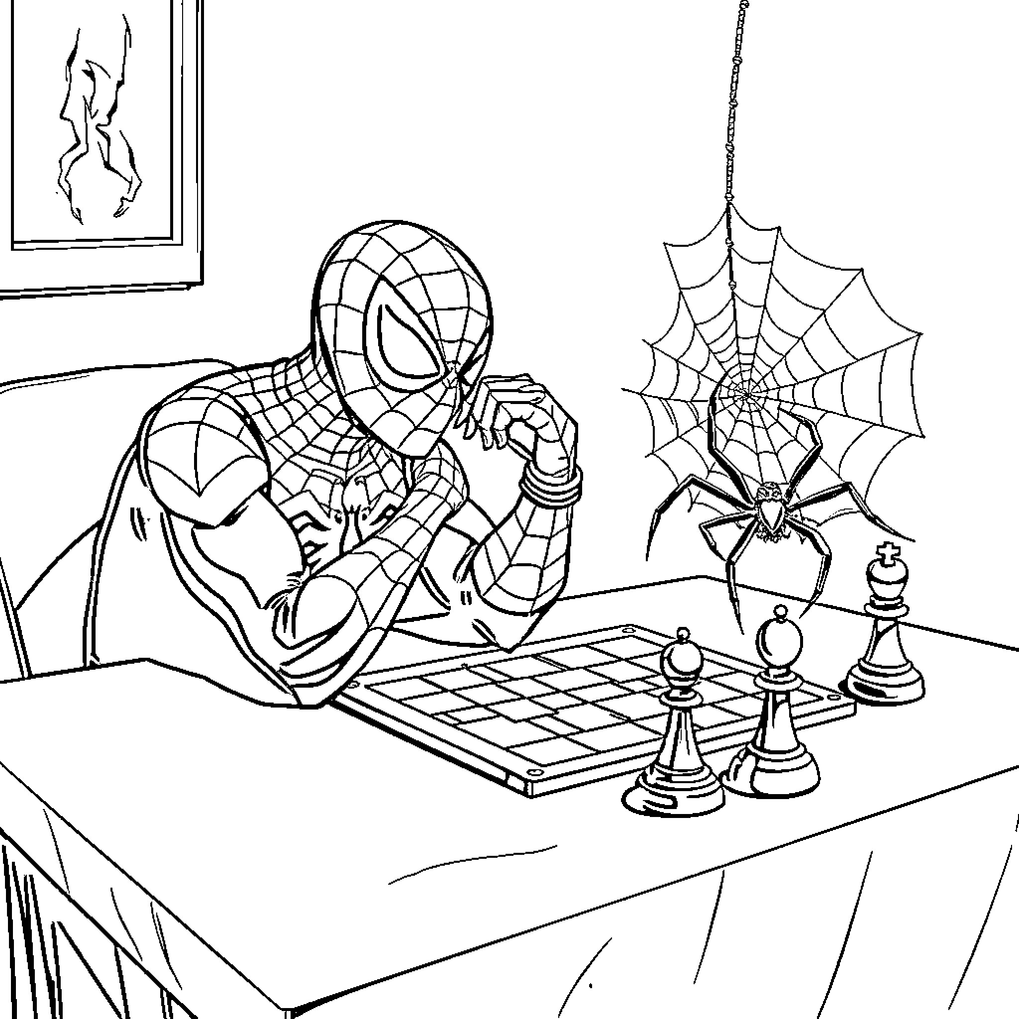 Spiderman playing chess with spider companions Coloring Page (free black-and-white line drawing printable PDF for all, from beginners to advanced learners, including children, teens, adults, and seniors)