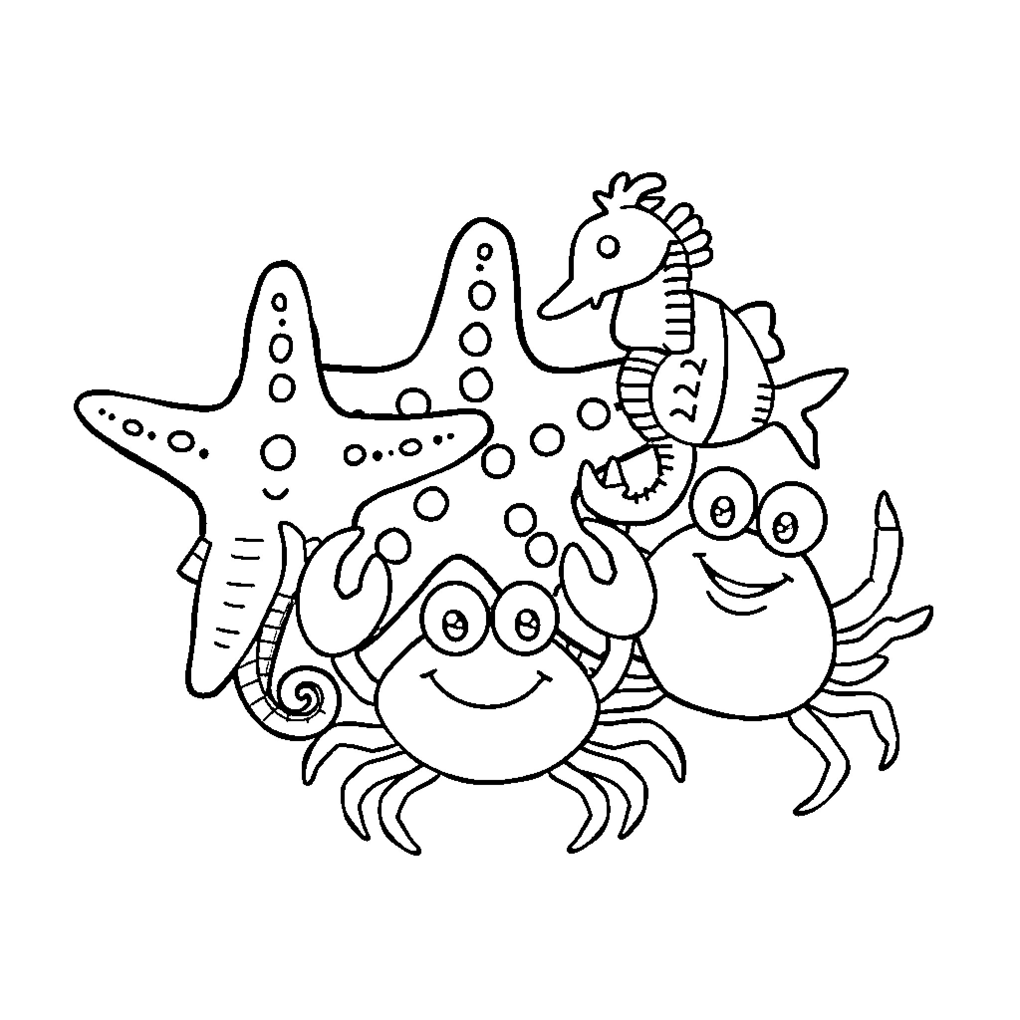 Sea Life Creatures Gathering in Harmony Coloring Page (free black-and-white line drawing printable PDF for all, from beginners to advanced learners, including children, teens, adults, and seniors)