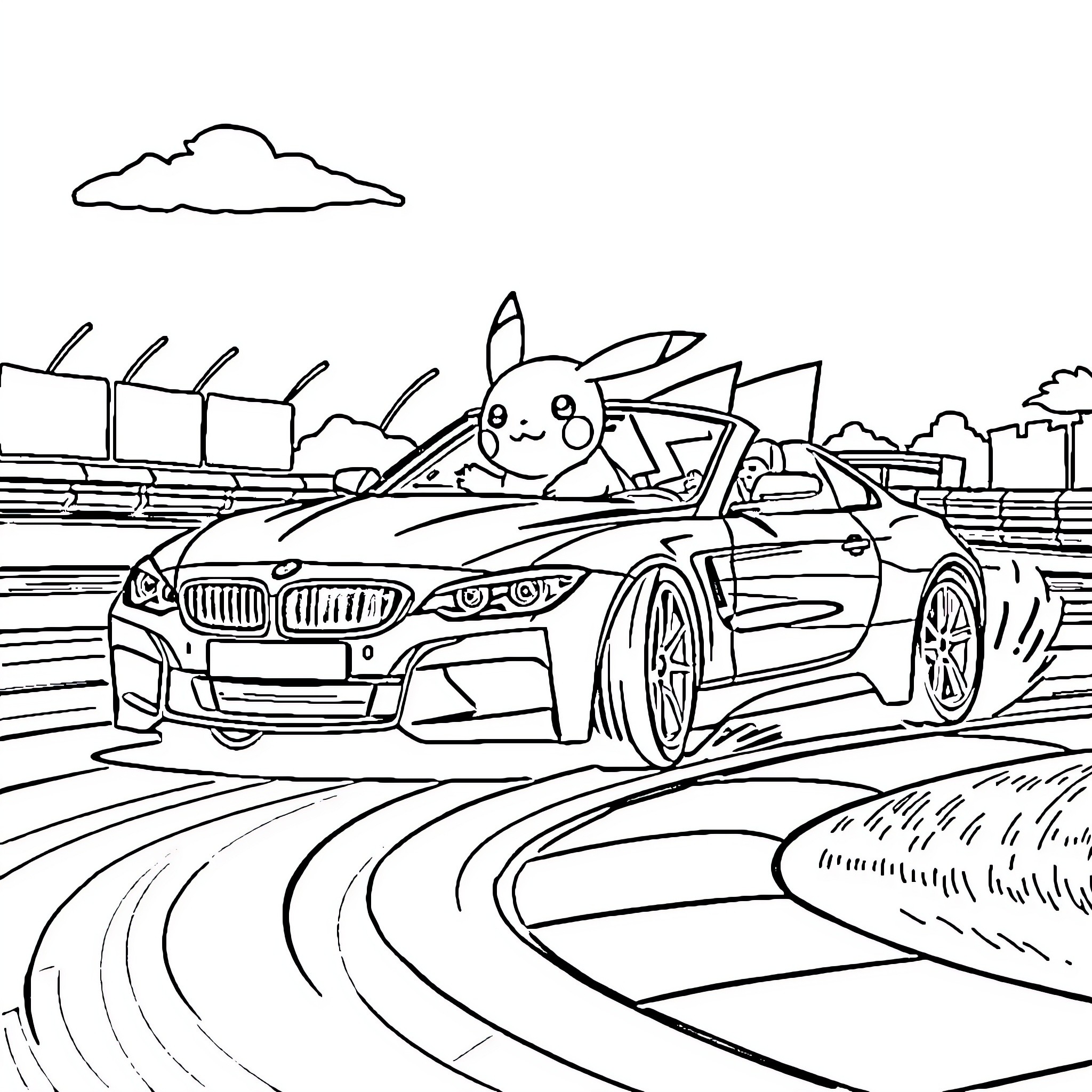 Pikachu driving a sports car on the racetrack Coloring Page (free black-and-white line drawing printable PDF for all, from beginners to advanced learners, including children, teens, adults, and seniors)