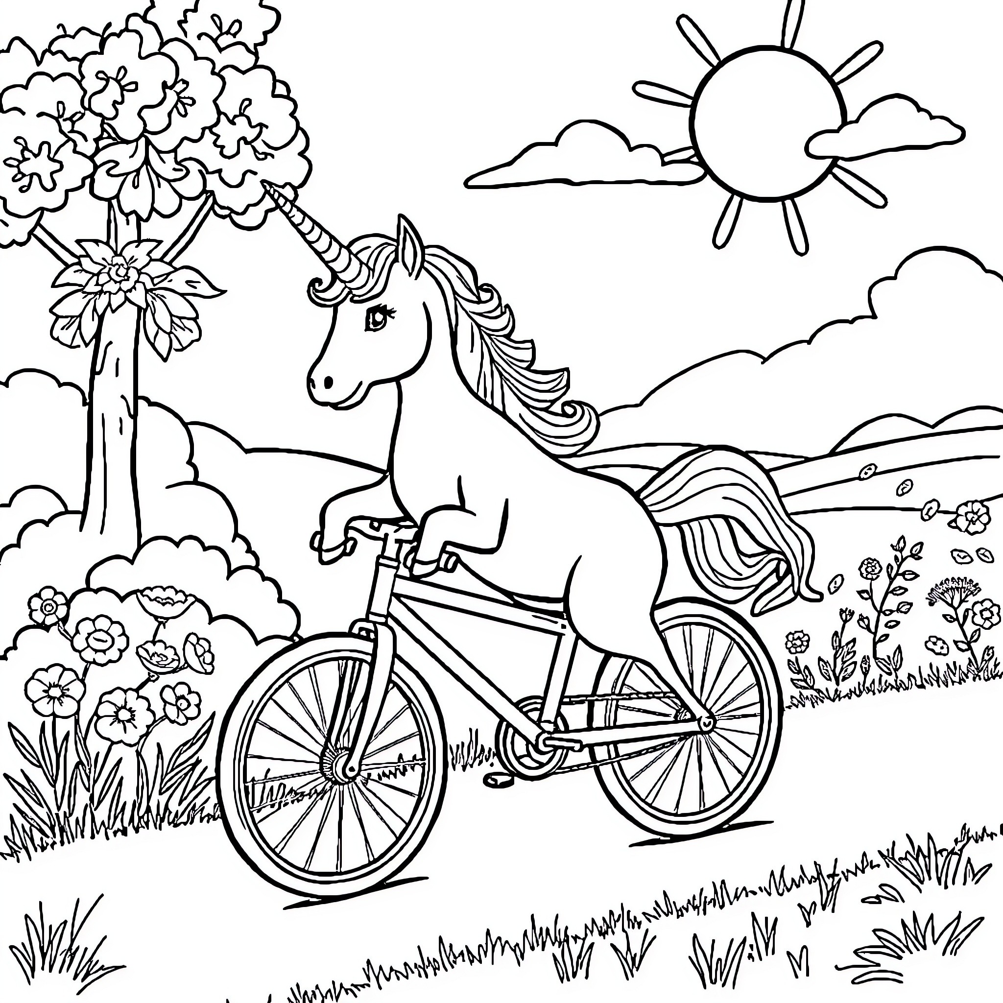 Unicorn Riding Bicycle Through Whimsical Landscape Coloring Page (free black-and-white line drawing printable PDF for all, from beginners to advanced learners, including children, teens, adults, and seniors)