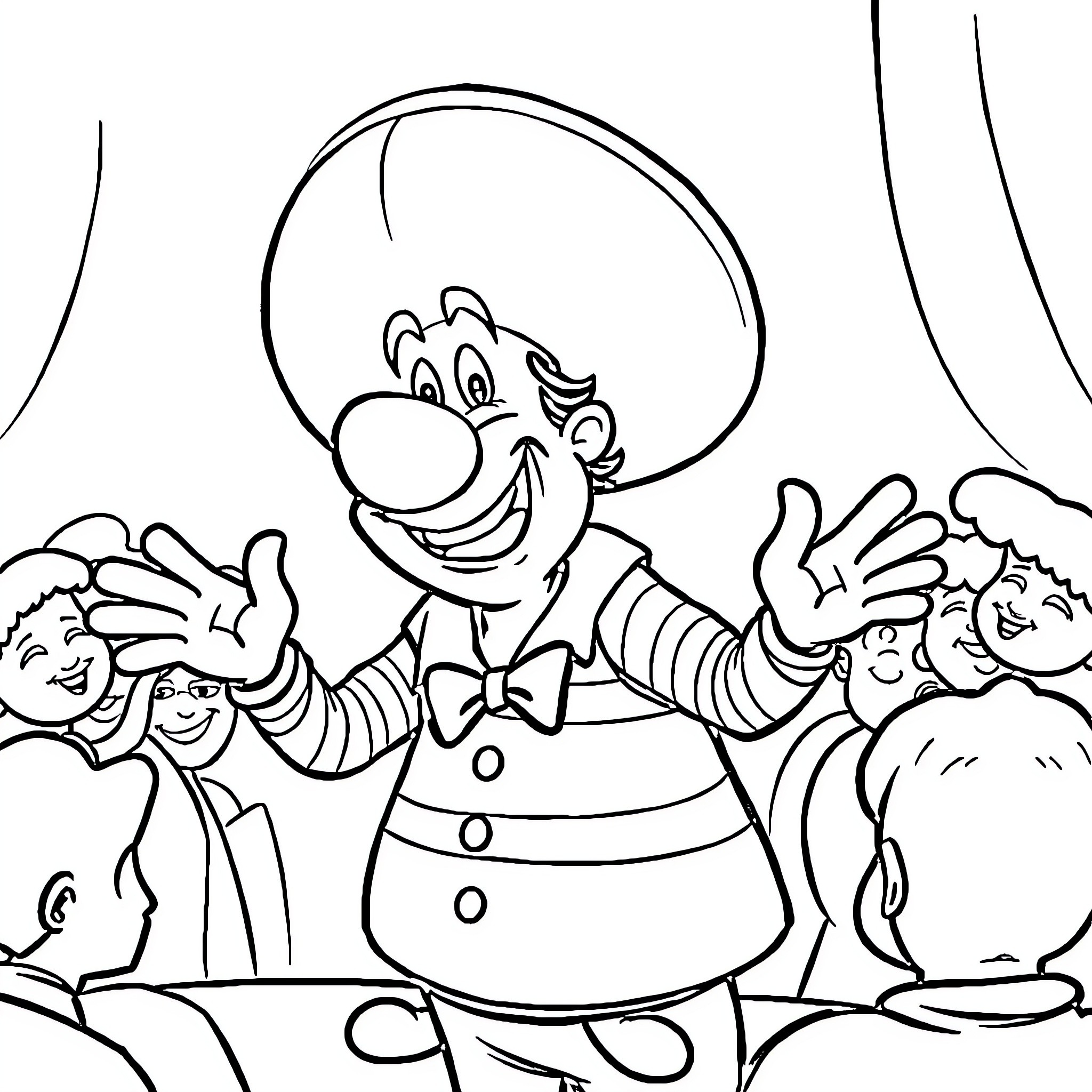 Chespirito and his cheerful cast members in action Coloring Page (free black-and-white line drawing printable PDF for all, from beginners to advanced learners, including children, teens, adults, and seniors)