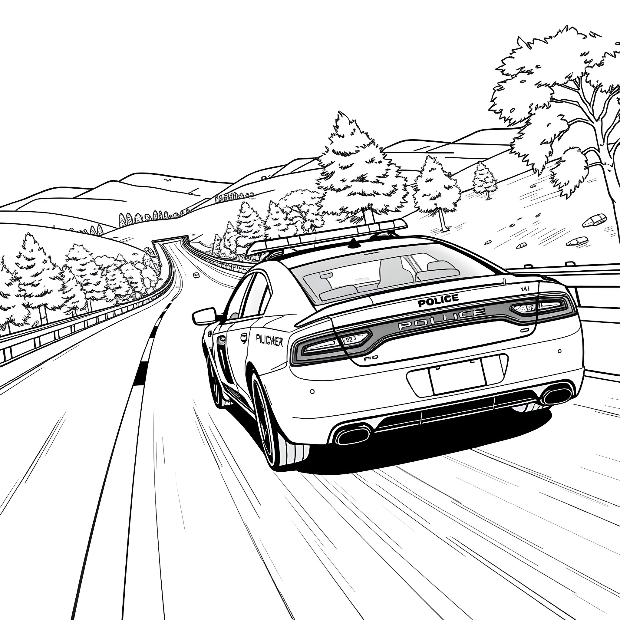 Police Car Chasing on Winding Mountain Road Coloring Page (free black-and-white line drawing printable PDF for all, from beginners to advanced learners, including children, teens, adults, and seniors)