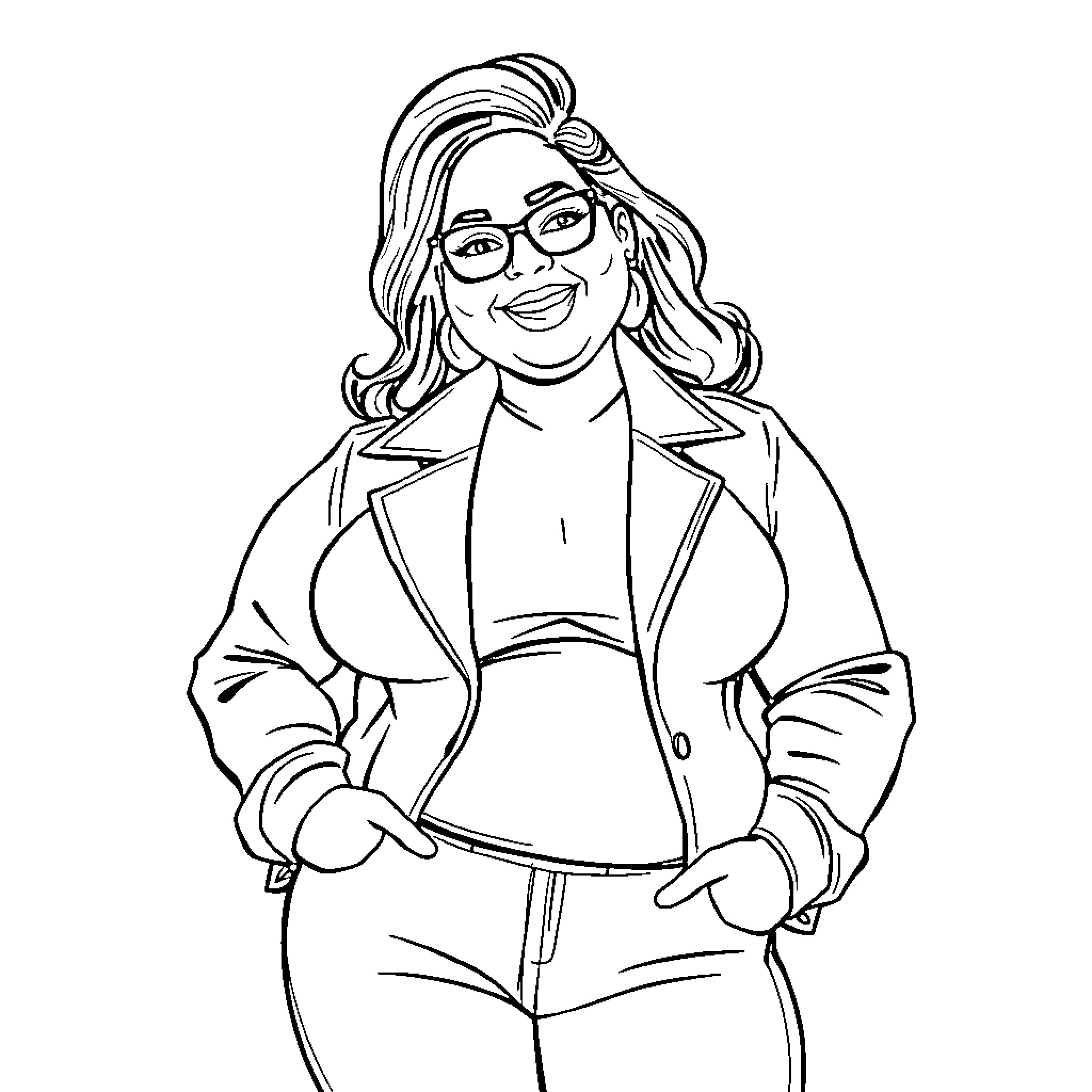 Woman in casual business attire smiling cheerfully Coloring Page (free black-and-white line drawing printable PDF for all, from beginners to advanced learners, including children, teens, adults, and seniors)
