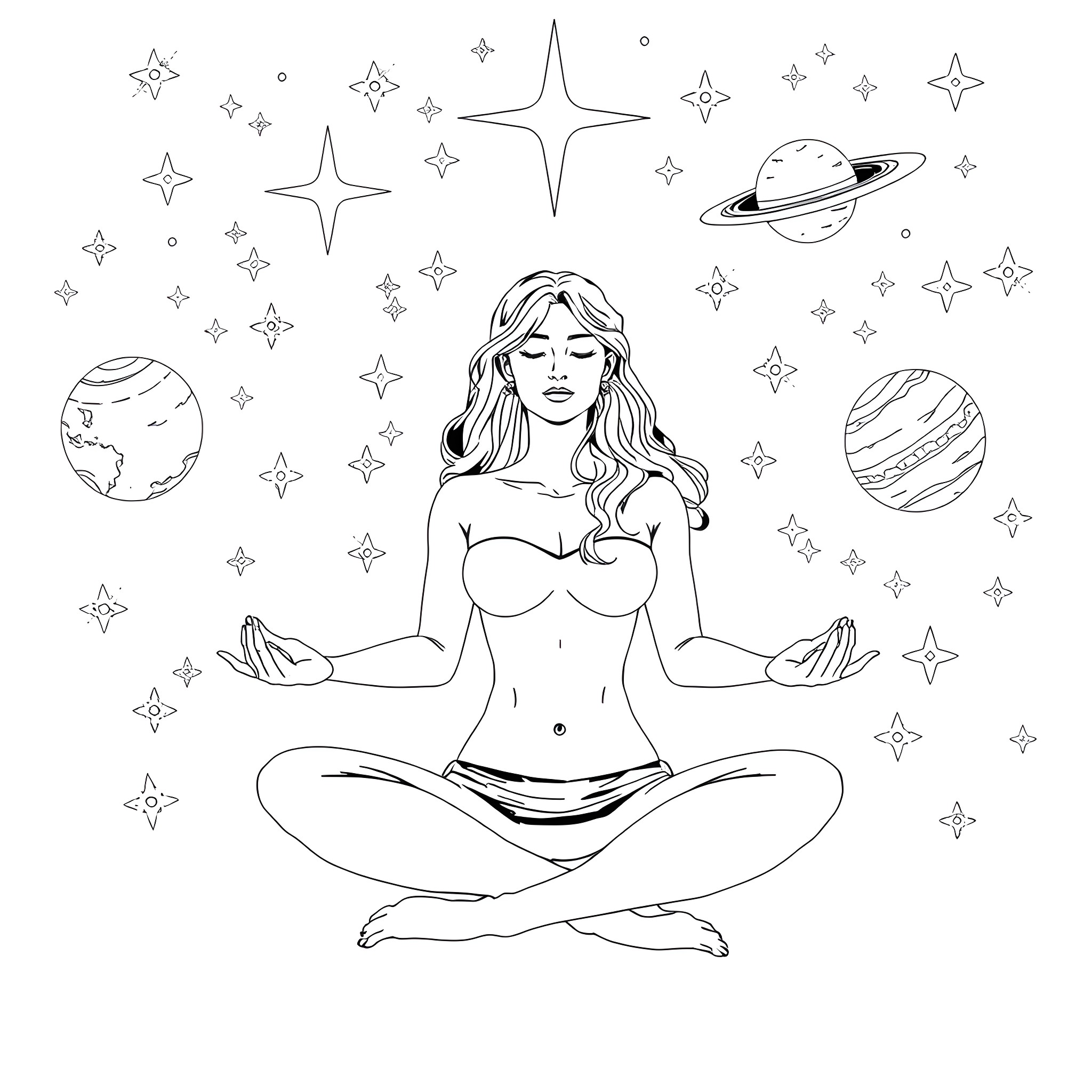 Woman meditating in cosmic space with planets Coloring Page (free black-and-white line drawing printable PDF for all, from beginners to advanced learners, including children, teens, adults, and seniors)