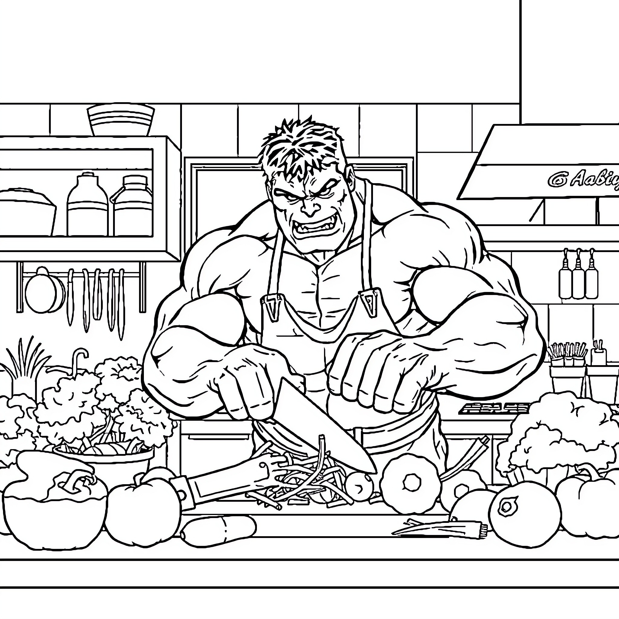 Hulk Cooking Up a Storm in the Kitchen Coloring Page (free black-and-white line drawing printable PDF for all, from beginners to advanced learners, including children, teens, adults, and seniors)