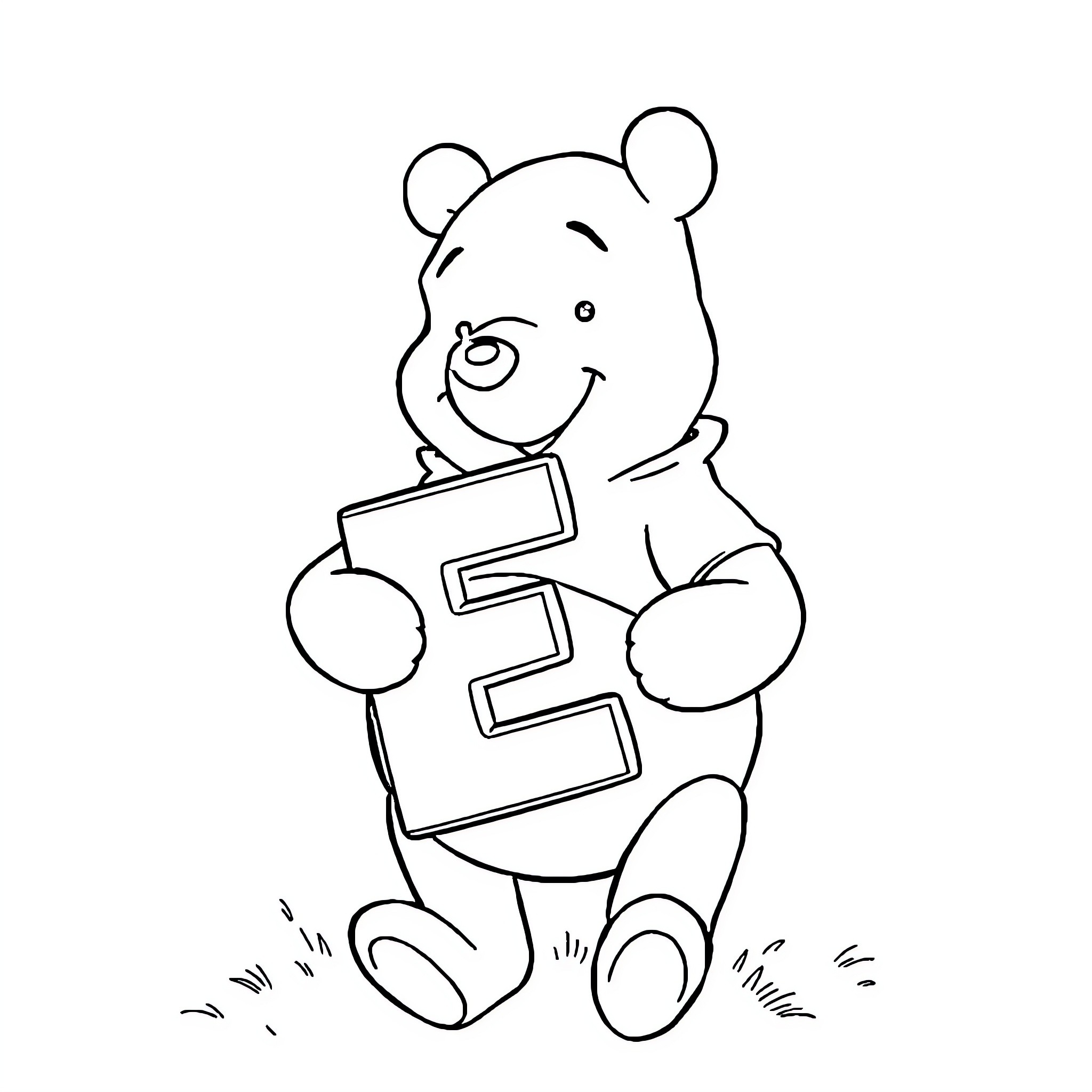 Winnie The Pooh playing with a large number 2 Coloring Page (free black-and-white line drawing printable PDF for all, from beginners to advanced learners, including children, teens, adults, and seniors)
