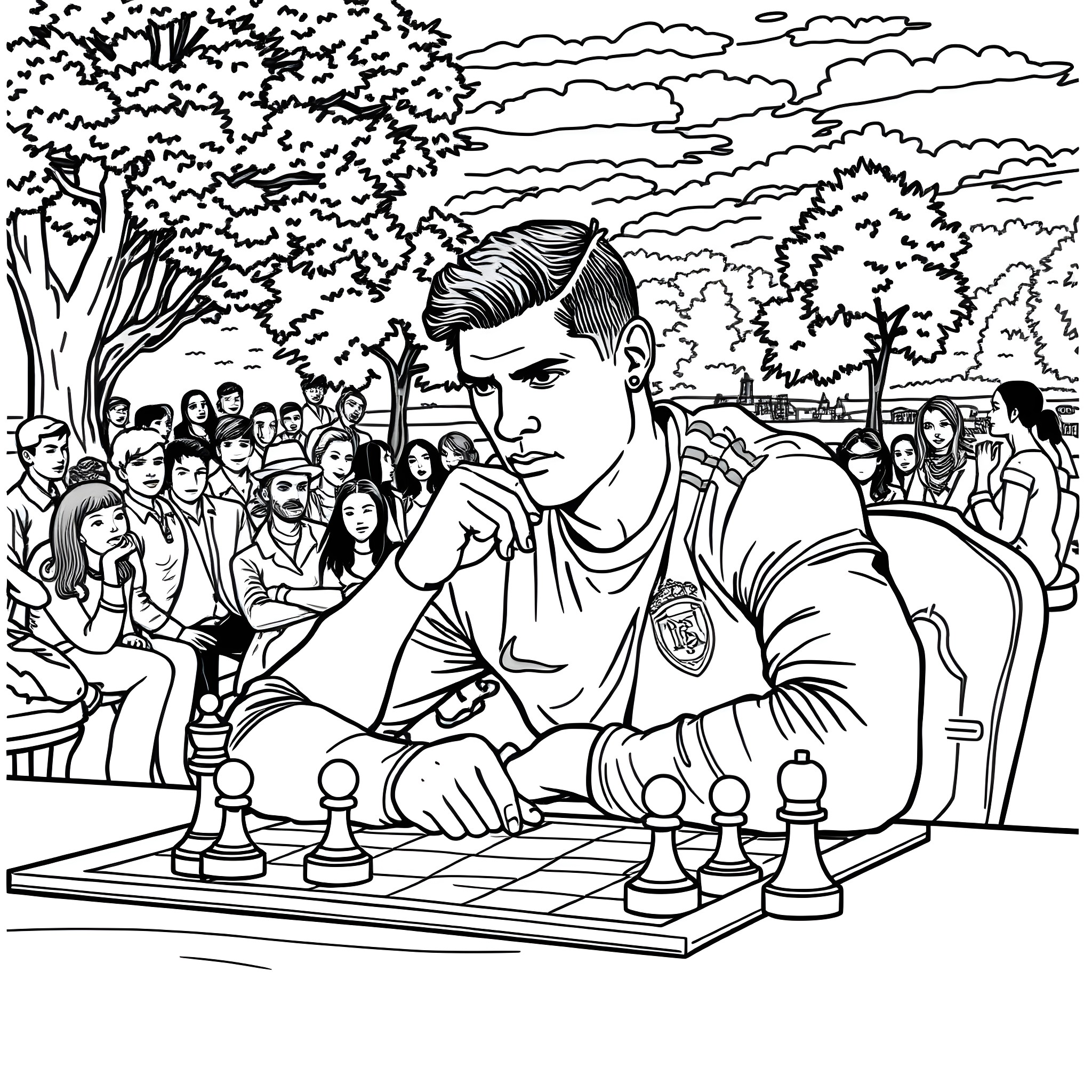 Ronaldo playing chess with audience in park Coloring Page (free black-and-white line drawing printable PDF for all, from beginners to advanced learners, including children, teens, adults, and seniors)