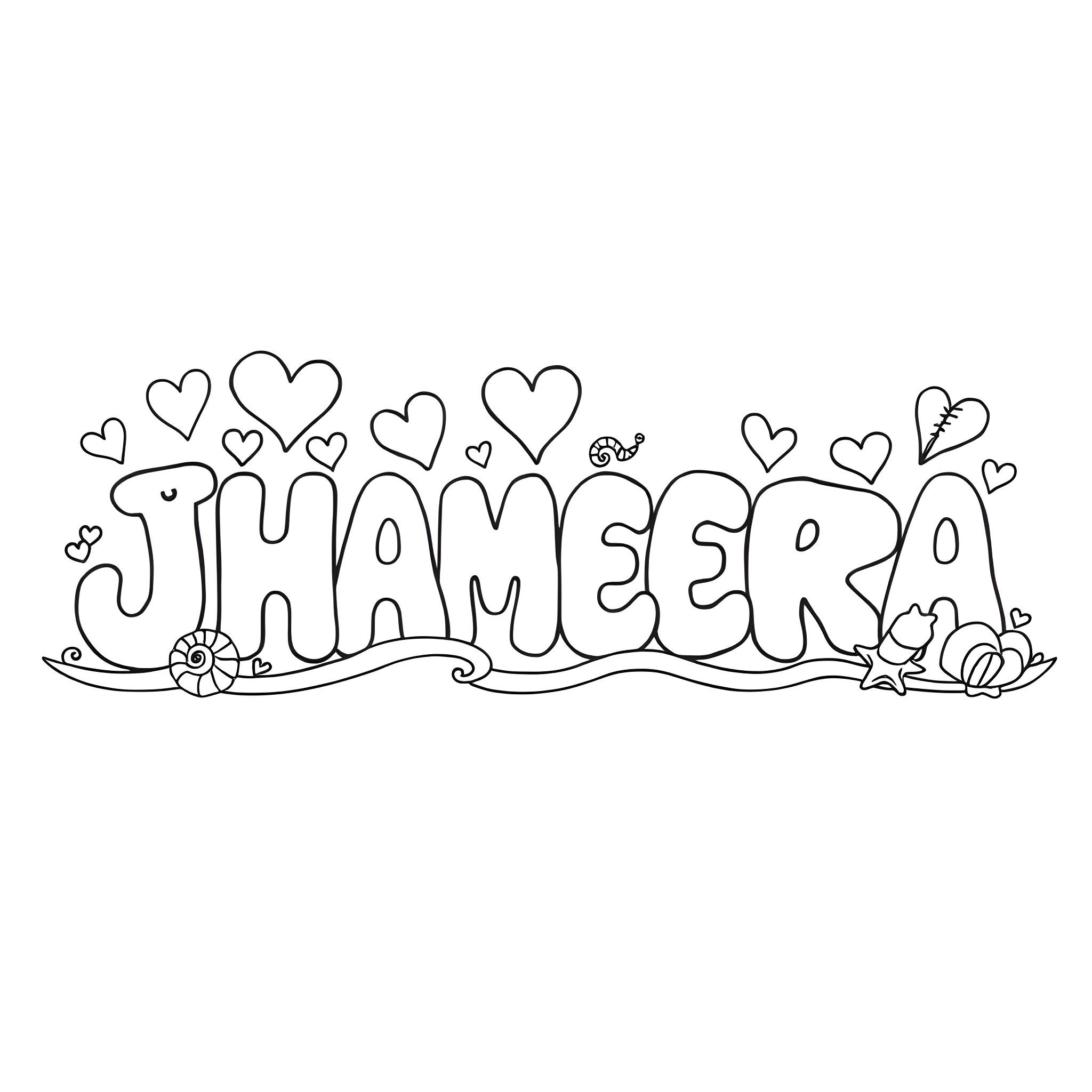 Jameera's whimsical hearts and doodles Coloring Page (free black-and-white line drawing printable PDF for all, from beginners to advanced learners, including children, teens, adults, and seniors)